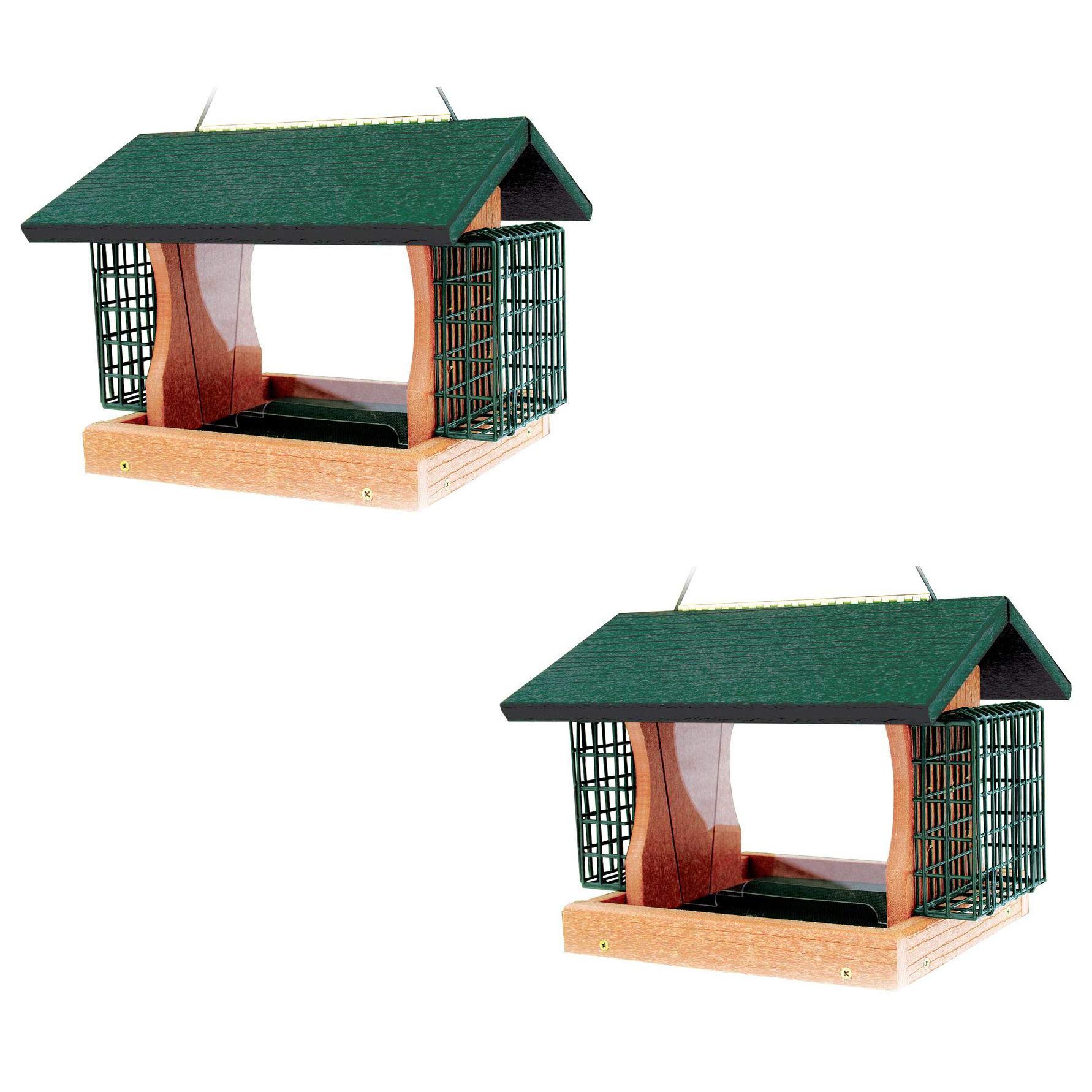 Woodlink 24421 Eco-Friendly 5.5lb Recycled Plastic Hanging Bird Feeder with 2 Suet Cages - Green (2 Pack) for Backyard Bird Watching & Wildlife Attraction