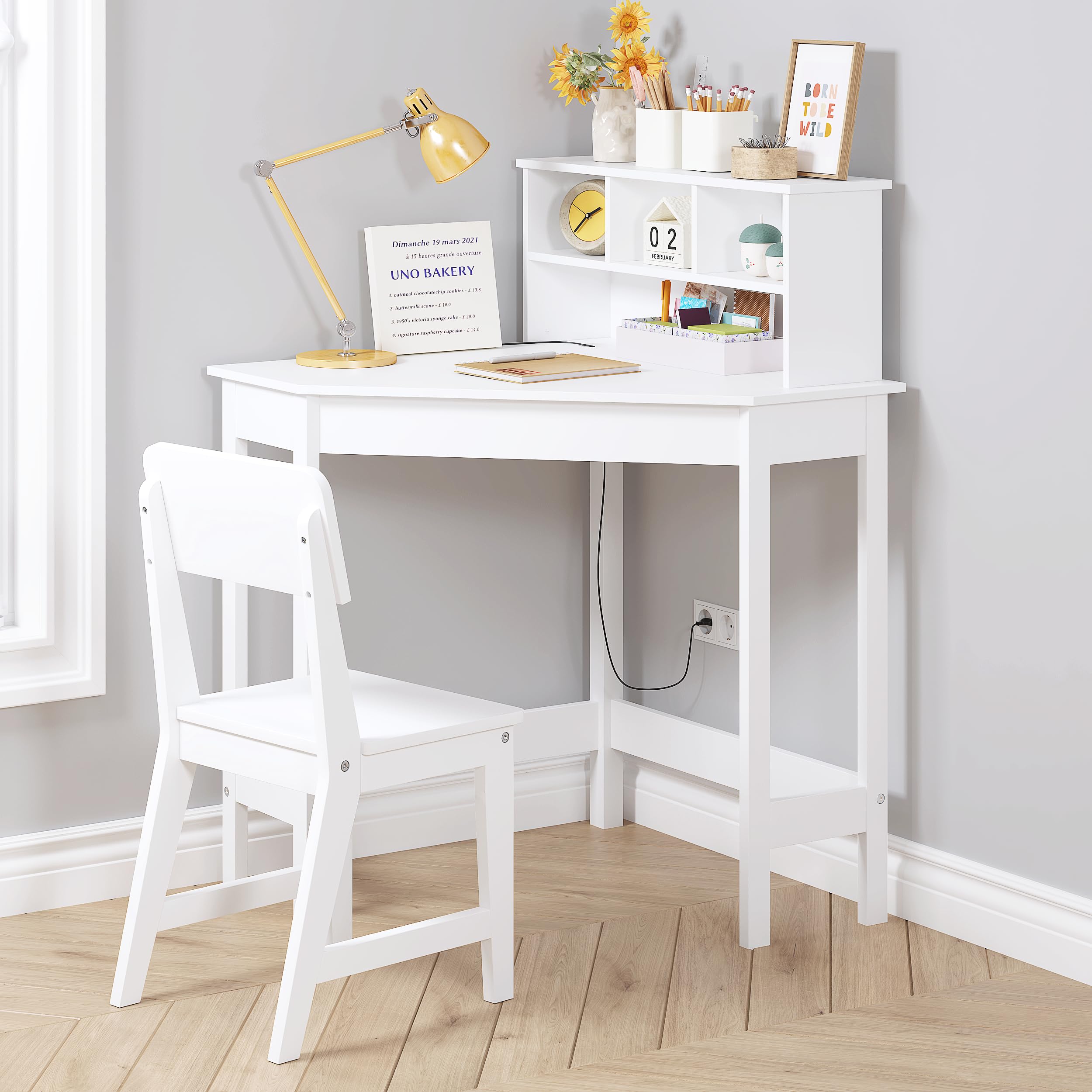 UTEX Kids Study Desk and Chair Set with Storage Hutch - White Corner Desk for Children's Room, Homeschooling & Learning Activities