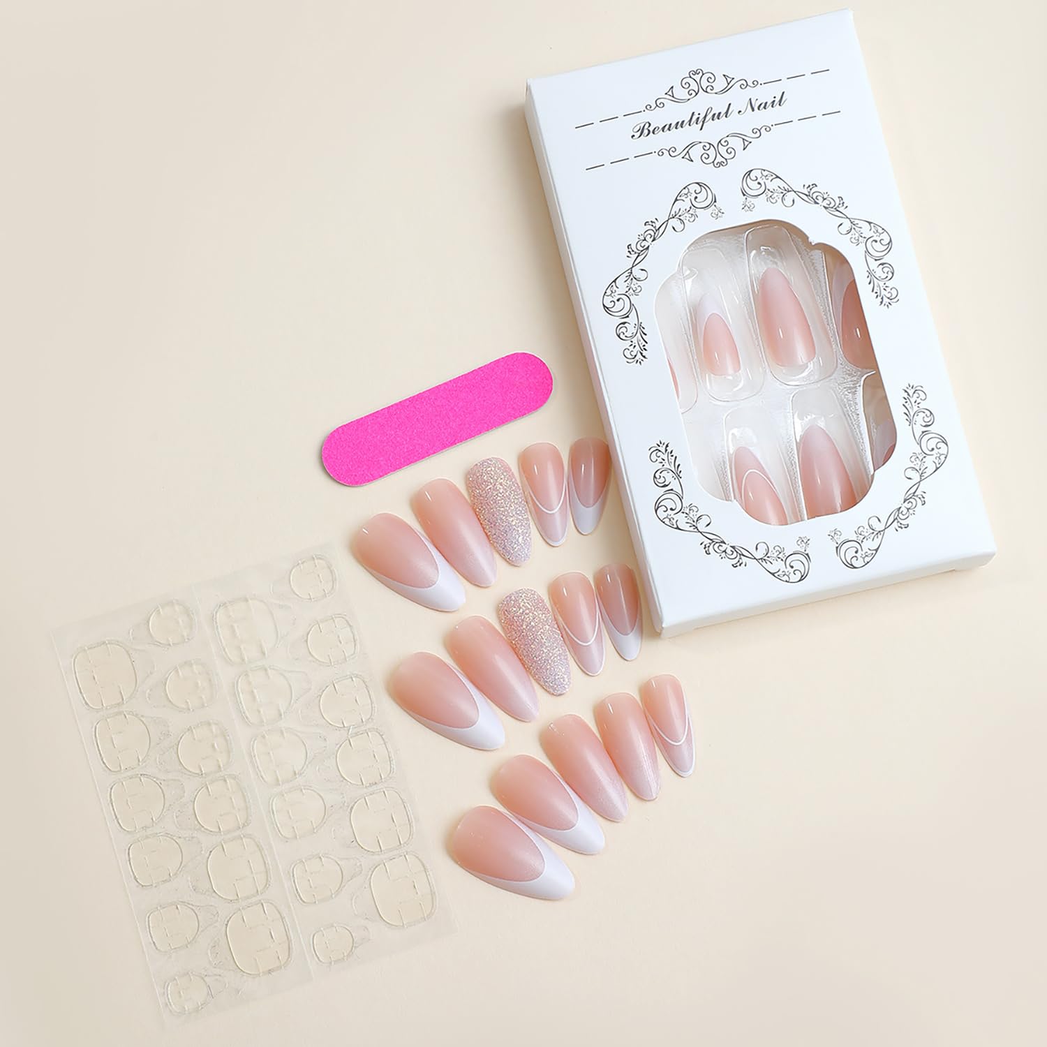 24 Pcs Nude Press on Nails Almond Shape - GRITOSE Medium Fake Nails with French Tip & Broken Diamond Design, Full Cover Glossy False Nails, Acrylic Artificial Nails for Women, Perfect for Parties, Weddings & Daily Wear
