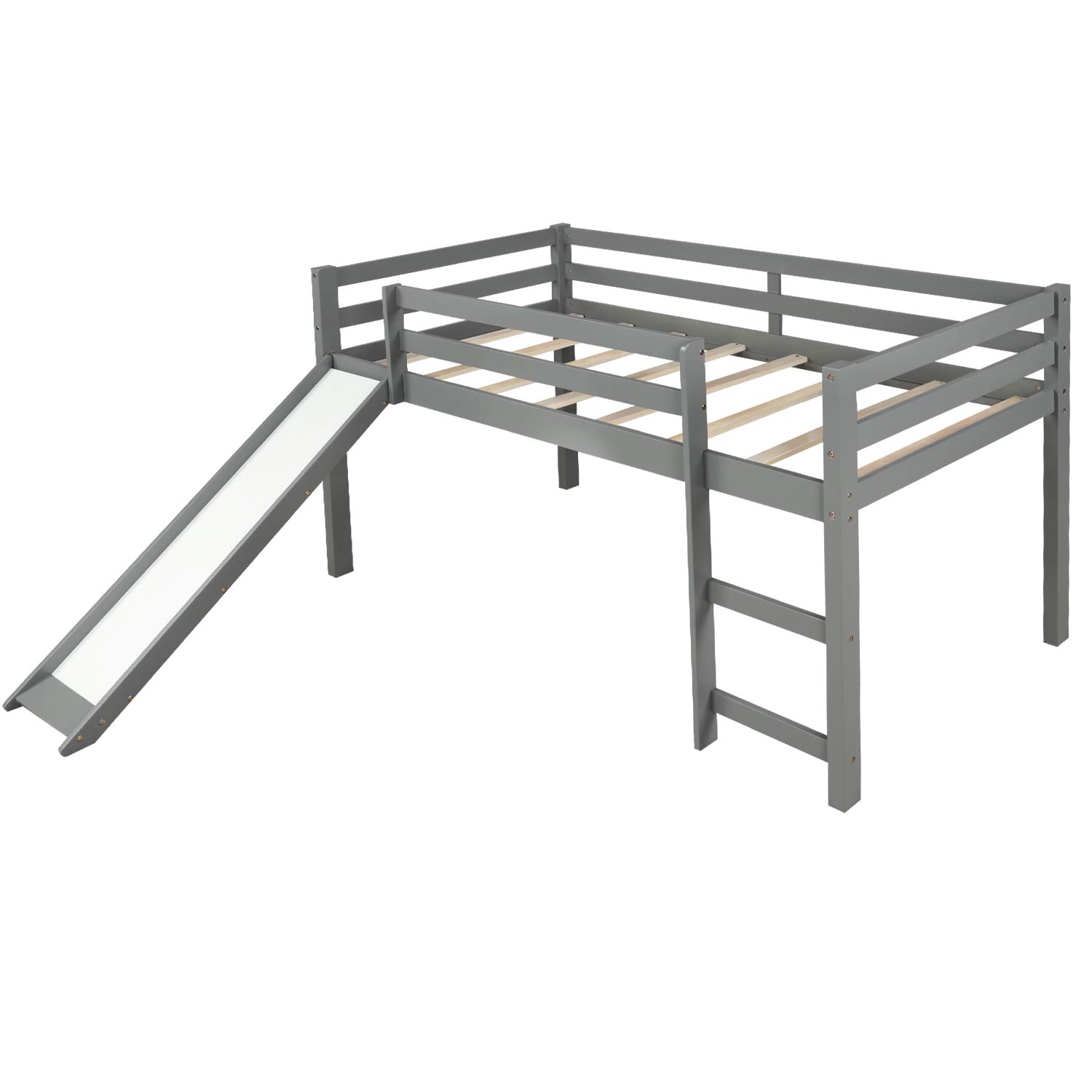 Kids Twin Loft Bed with Slide & Ladder - Multifunctional Wooden Low Profile Mini Loft Bed for Children's Room - Perfect for Small Spaces, Playrooms & Sleepovers (Gray)