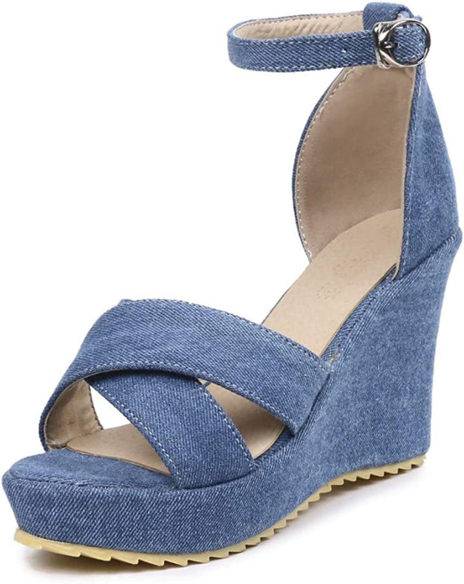 Yiozoi Women's Open Toe Wedge Sandals with Ankle Strap - Denim Fabric Platform High Heels for Travel, Picnic, Shopping & Summer Outfits