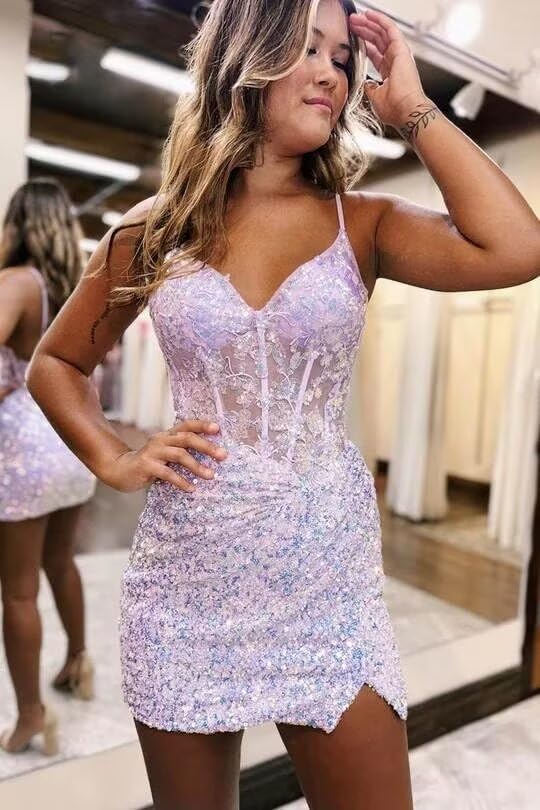 Sparkly Sequin Homecoming Dresses for Teens - Short Prom Dress with Spaghetti Straps | Elegant Evening Party Dresses for Dances, Formals & Special Occasions