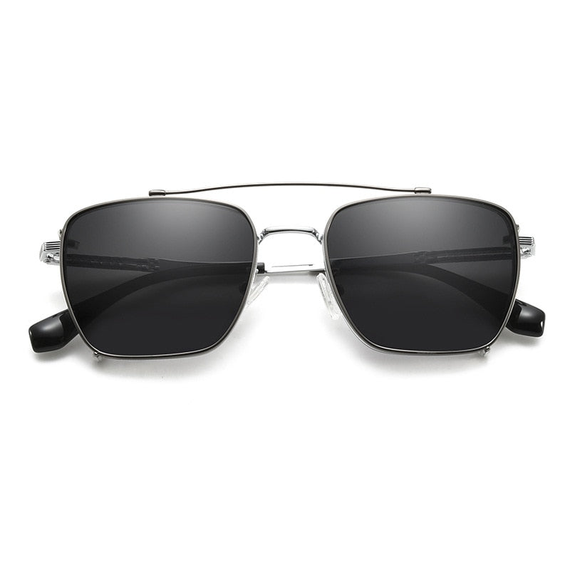 Bclear Men's Full Rim Square Alloy Frame Eyeglasses with Clip-On Polarized Sunglasses - ZT95001 | Stylish UV Protection for Driving, Outdoor & Everyday Wear
