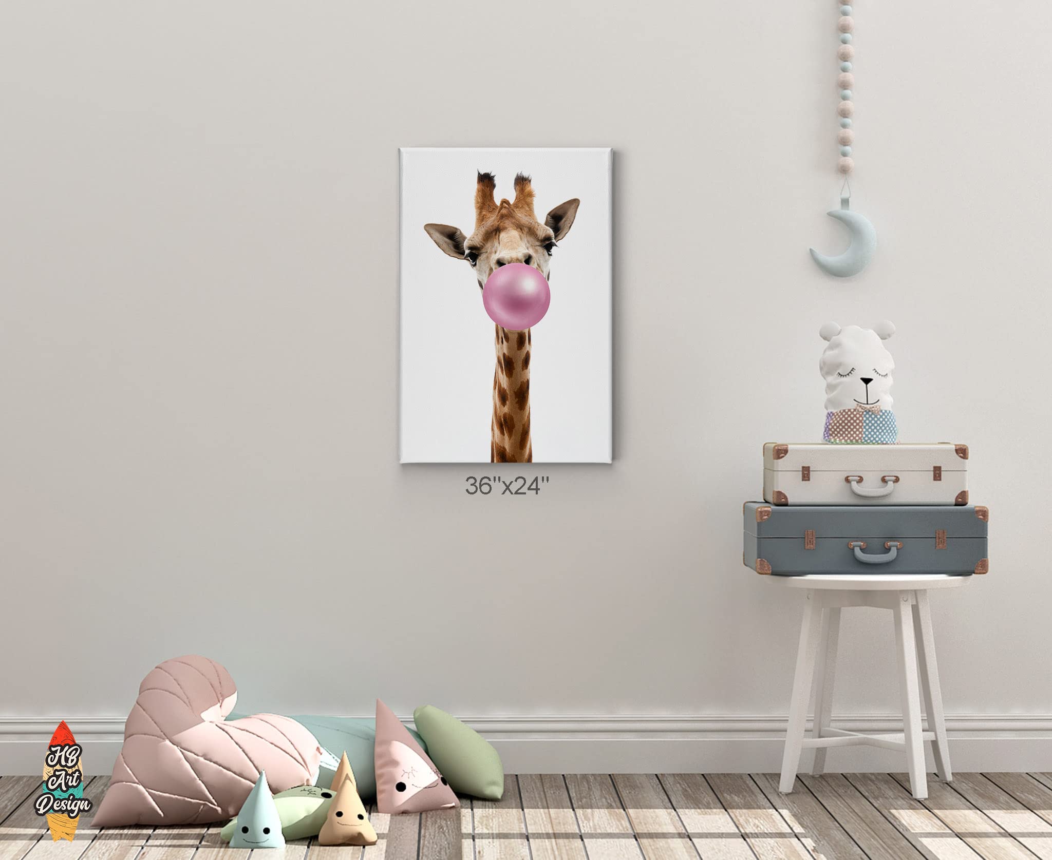 HB Art Design Giraffe Chewing Pink Bubble Gum Pop Art Animal Canvas Wall Art Print - African Safari Wildlife Decor for Living Room, Office, Nursery (36x24) - Perfect for Kids Bedroom & Modern Home Decor