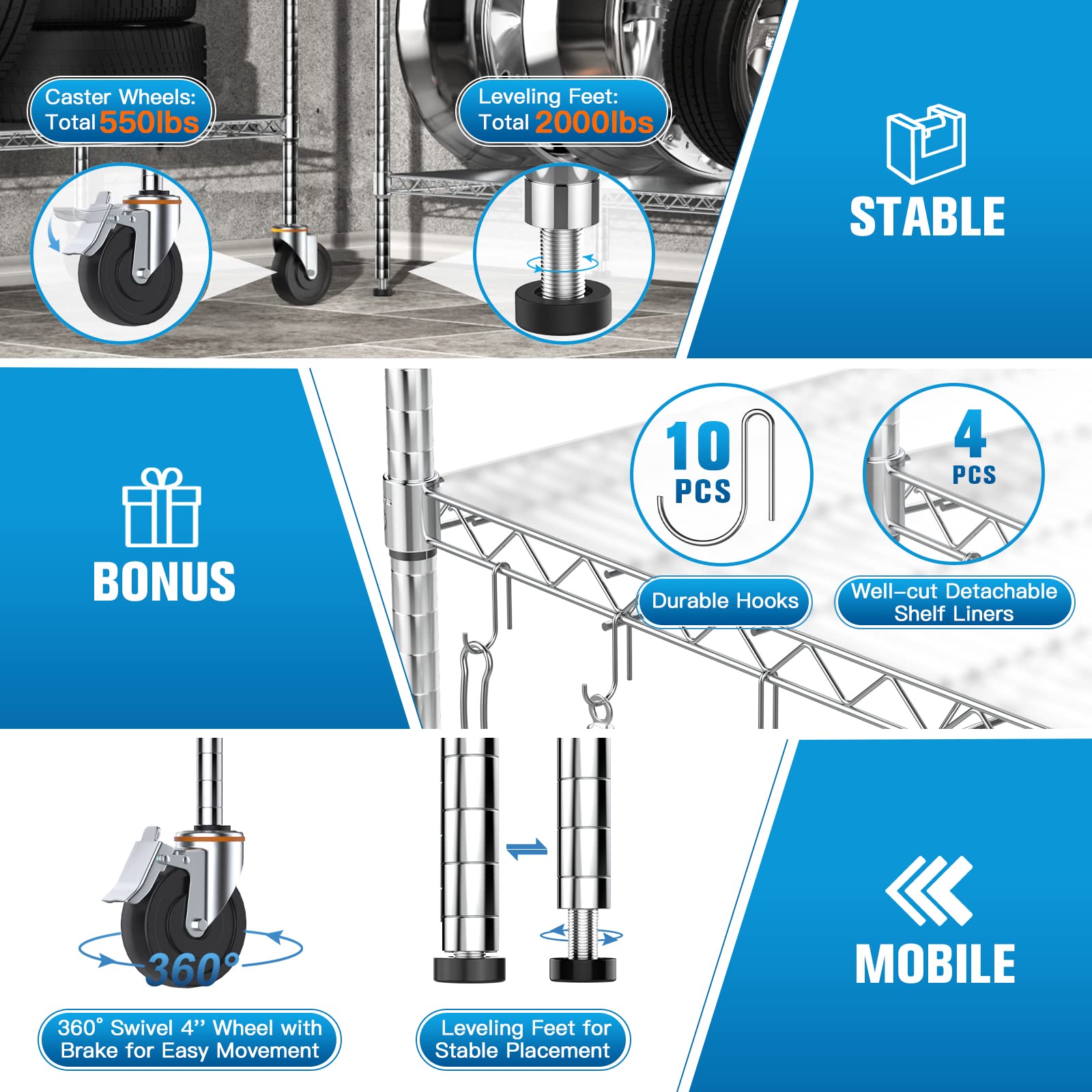 Heavy Duty 60x24x72 Inch Wire Shelving with Wheels - 2000 Lbs Capacity Adjustable Metal Storage Rack, 4-Tier NSF-Certified Commercial Utility Shelf with Shelf Liners - Perfect for Warehouse, Garage, Pantry & Retail Store Organization