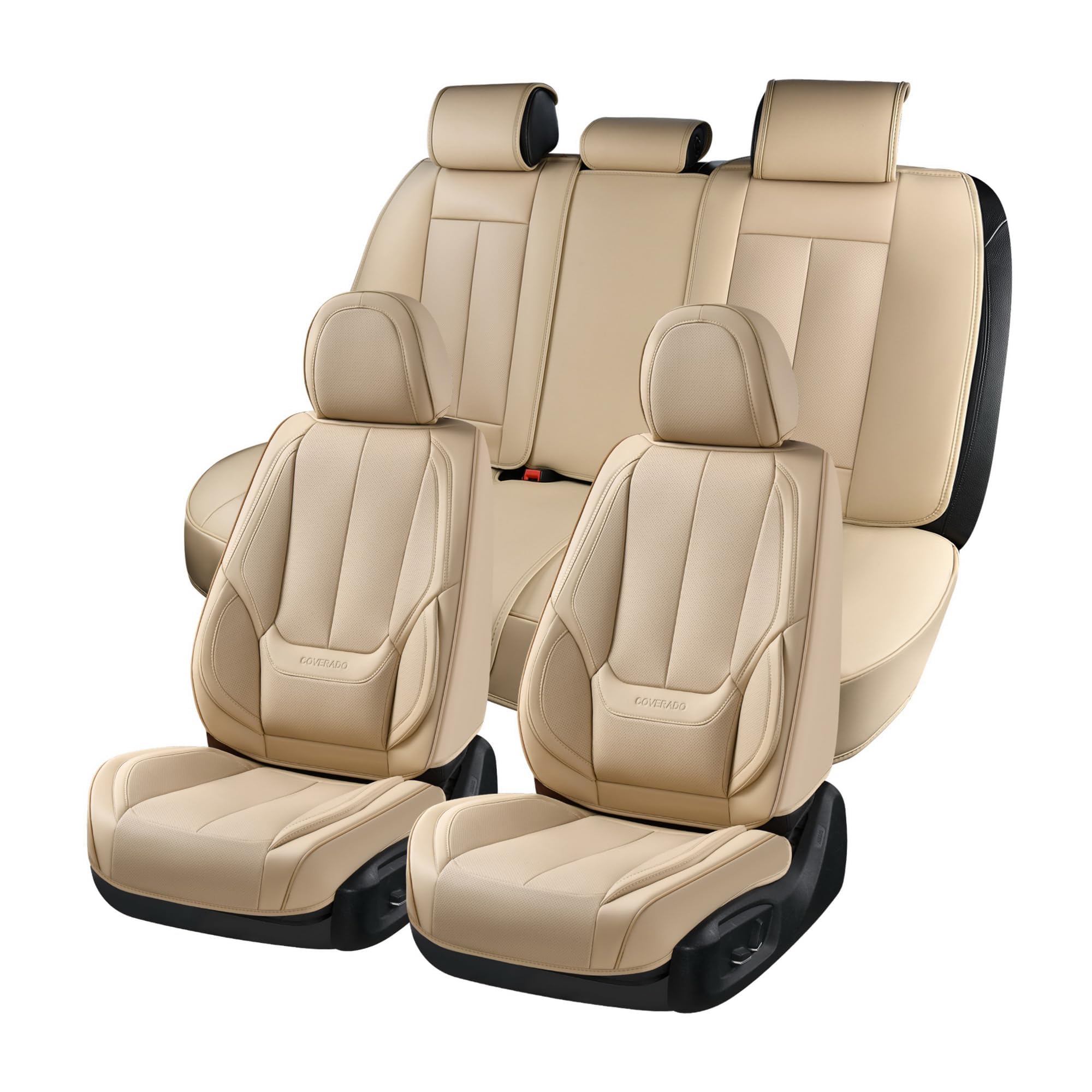 Premium Waterproof Nappa Leather Car Seat Covers Full Set - Front & Back Seat Protectors for Most Vehicles | Beige Auto Interior Accessories | Ideal for Family Cars, SUVs & Daily Commuting