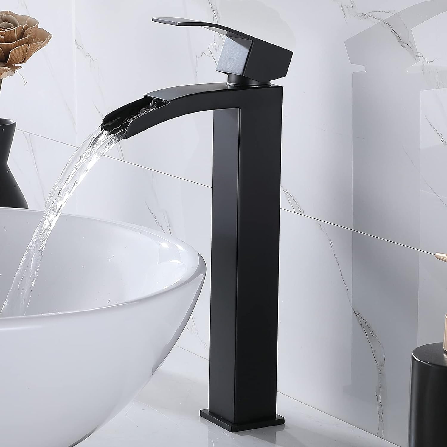 Black Single Handle Waterfall Vessel Sink Faucet with Pop-Up Drain - Tall RV Bathroom Faucet for Vanity Sink, Includes Two 3/8
