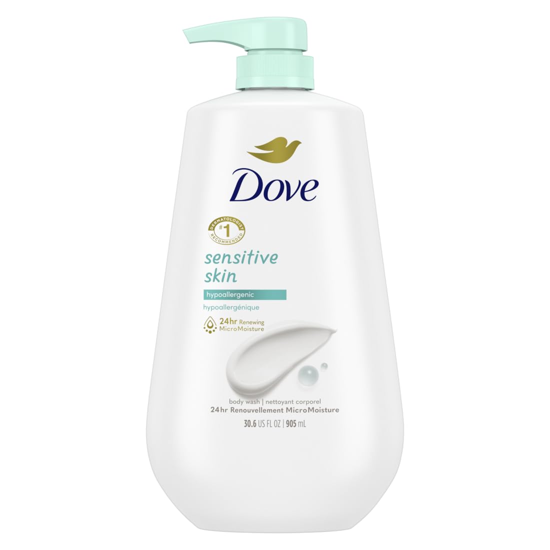 Dove Sensitive Skin Body Wash with Pump - Hypoallergenic, Paraben-Free & Deep Moisture Body Wash for Dry Skin - Gentle Moisturizing Skin Cleanser for Daily Shower & Bath Time Relaxation