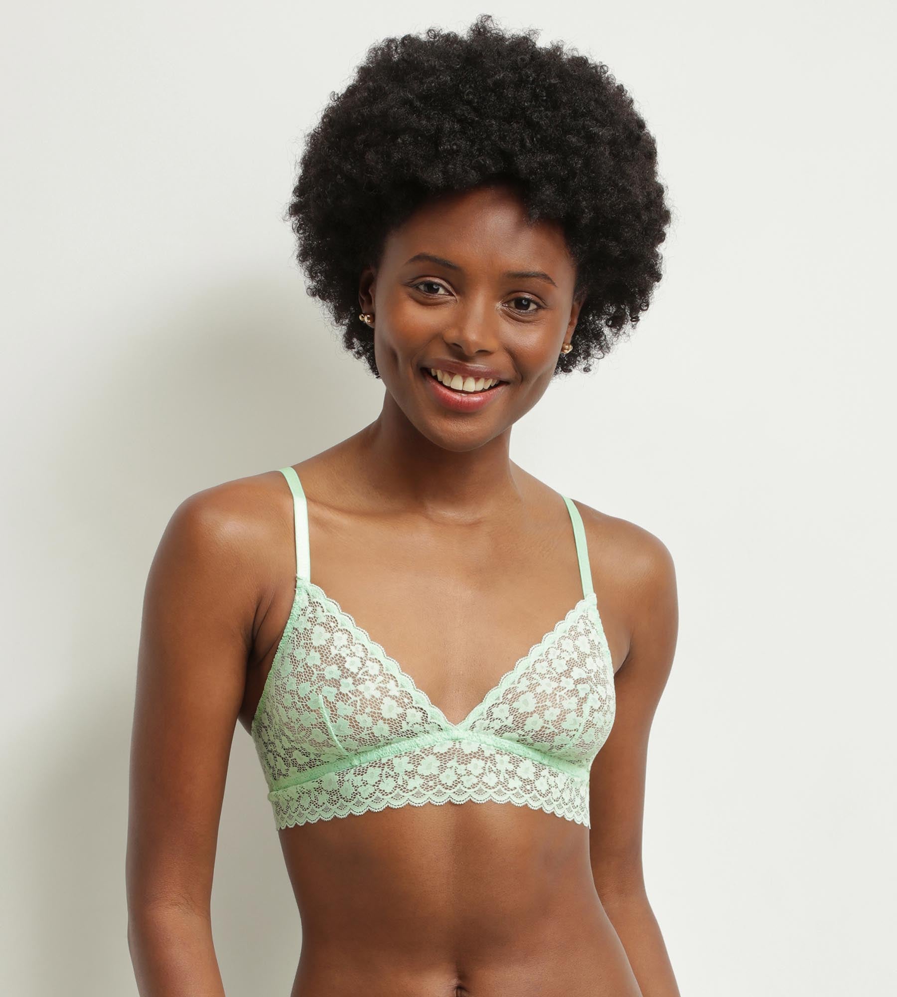 Floral Lace Triangle Bralette in Water Green Daisy Print - Comfortable & Stylish for Everyday Wear, Yoga, and Lounge