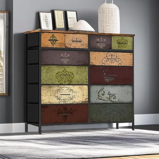 12-Drawer Tall Fabric Dresser for Bedroom - Modern Storage Chest with Drawers for Closet, Nursery, Bedside, Living Room, Entryway & Hallway | Space-Saving Organizer for Clothes, Toys & Home Essentials (Pattern)