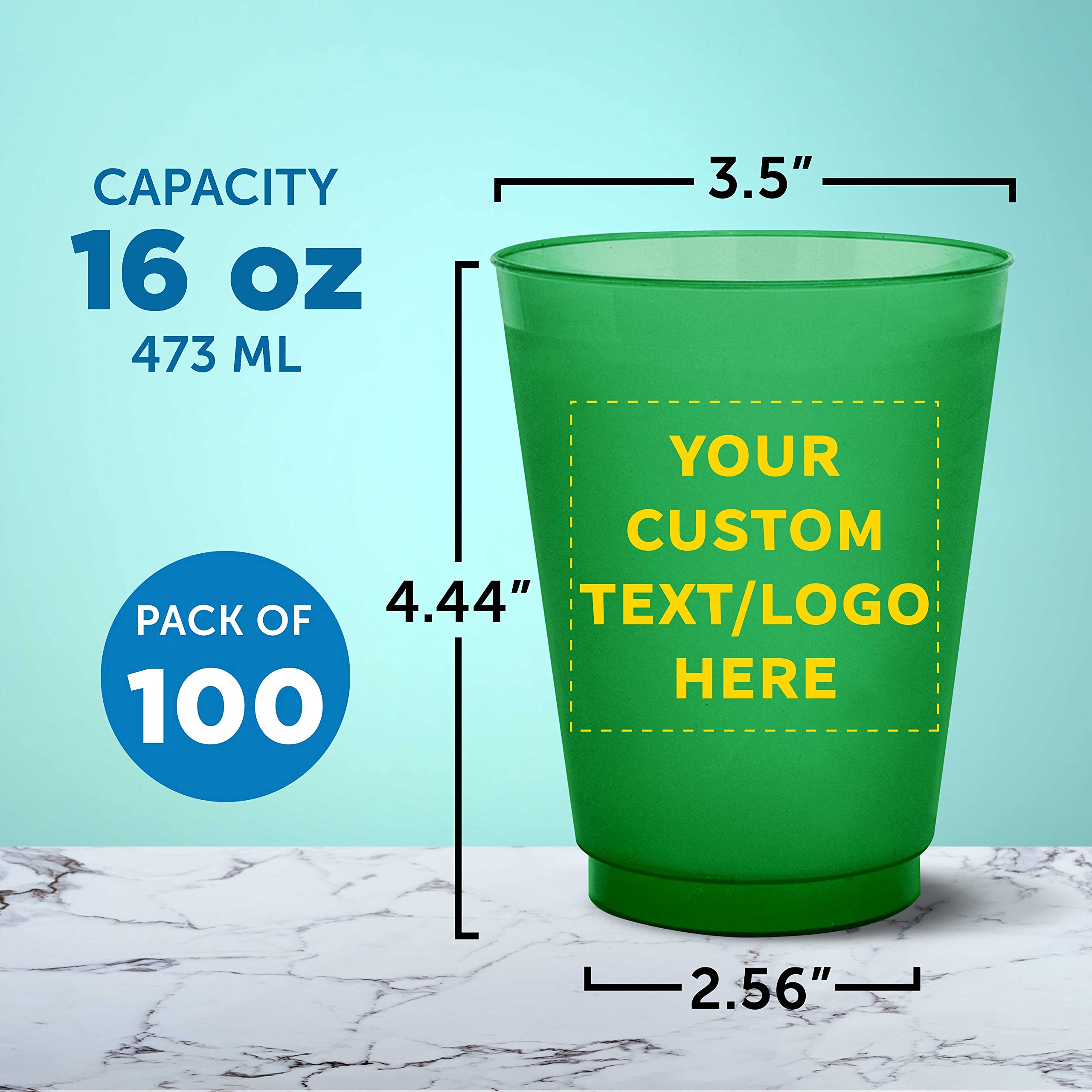Custom Frosted Plastic Stadium Cups - 100 Pack with Promotional Text & Logo - 16 oz Shatterproof, Flexible & Reusable Party Cups (Green) - Perfect for Tailgates, BBQs, Sports Events & Outdoor Parties