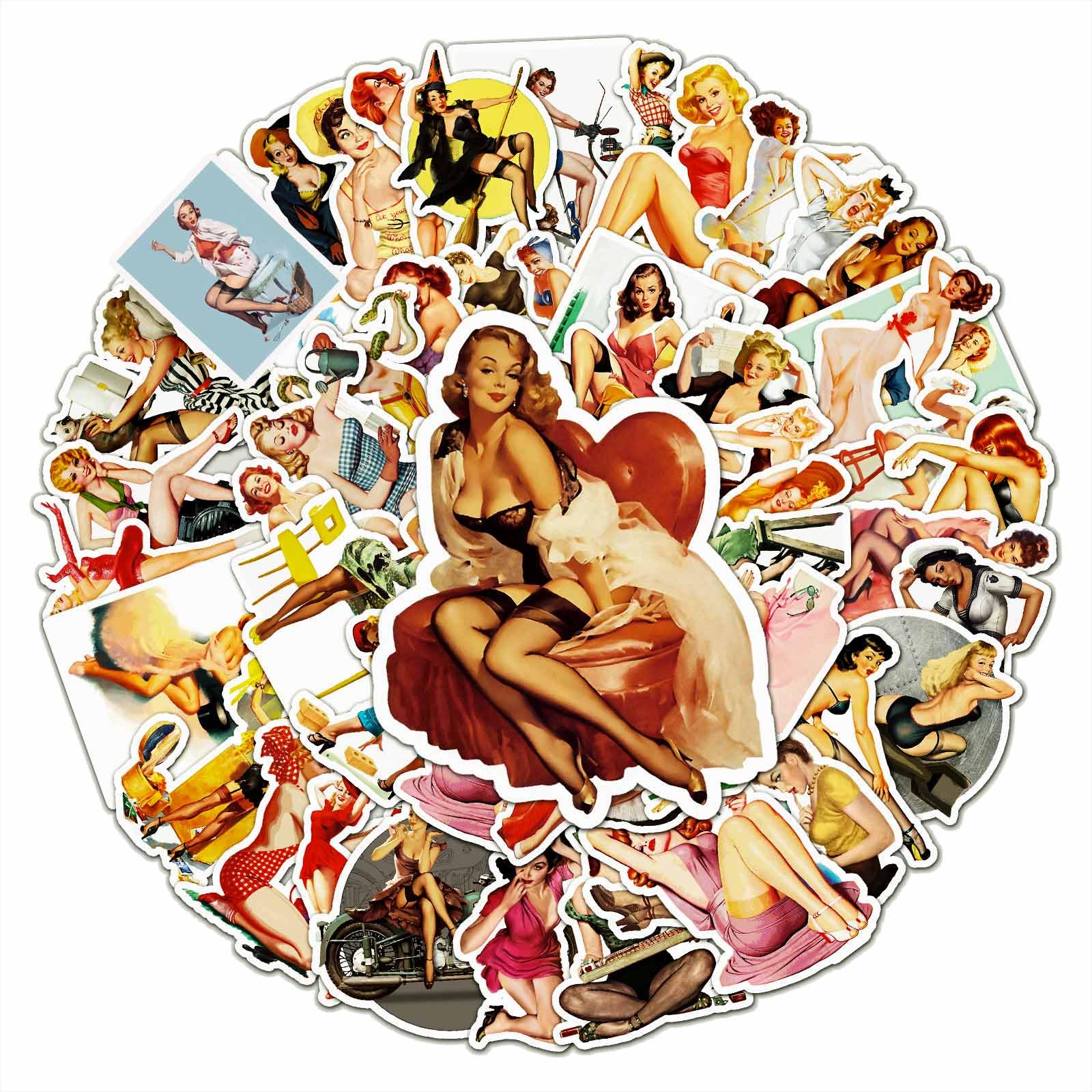 50Pcs Vintage Retro Girl Stickers - Waterproof Vinyl Decals for Laptop, Water Bottle, Car, Motorcycle, Guitar & Phone - Perfect for DIY Crafts, Scrapbooking & Personalizing Your Belongings