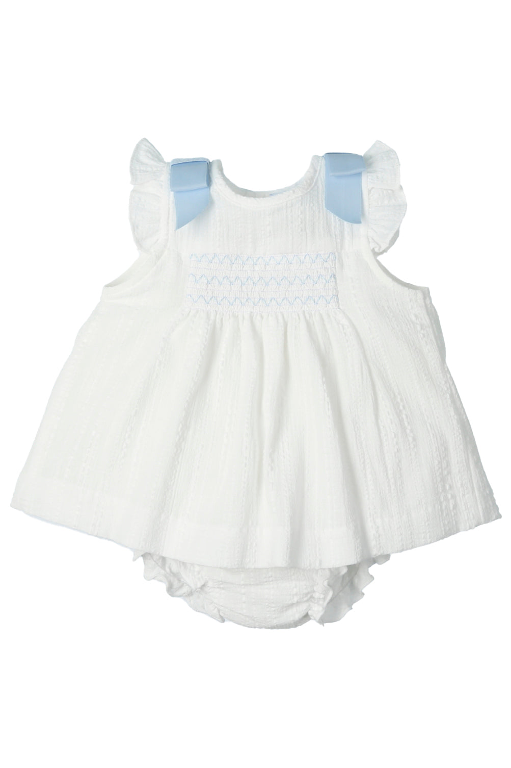 Zariah White & Blue Smocked Dress with Bloomers - Elegant Baby Girl Outfit for Special Occasions, Photoshoots & Family Gatherings