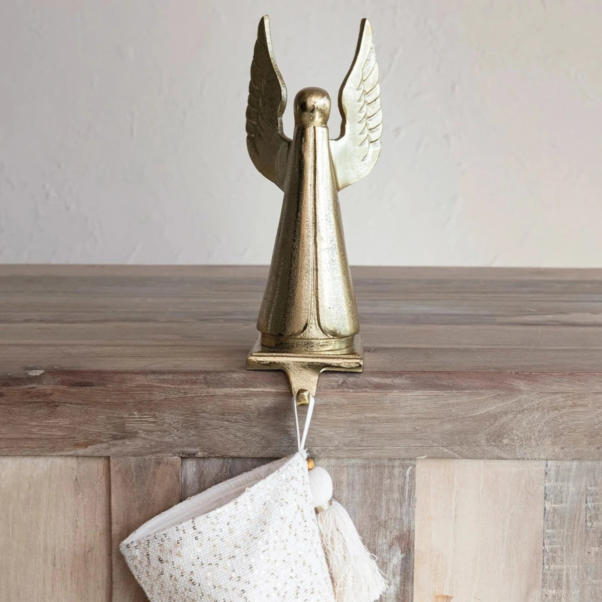 Gold Cast Aluminum Angel Stocking Holder - Elegant Christmas Fireplace Mantle Decor for Holiday Stocking Hangers - Perfect for Home, Office & Gift Giving