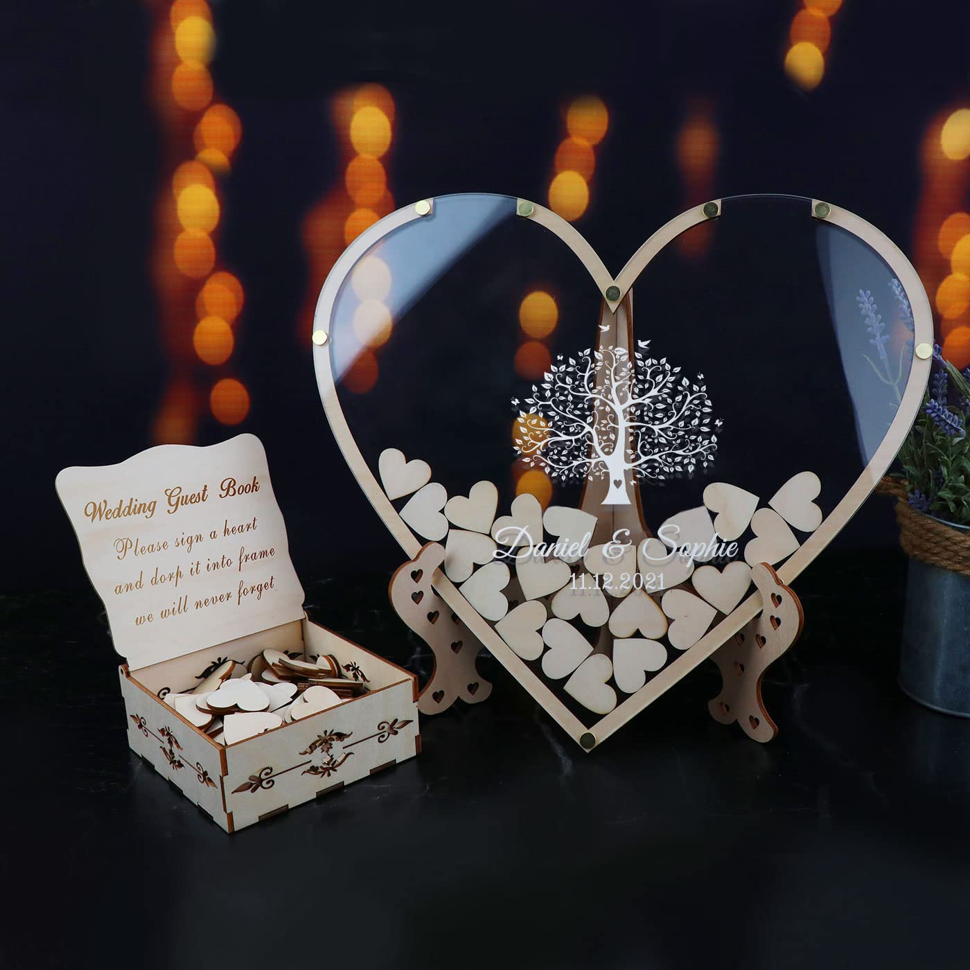 Personalized Tree Heart Drop Guest Sign with Box & Small Hearts - Rustic Wedding Guest Book Alternative for Weddings, Anniversaries & Birthdays | Perfect for Rustic Decor, Reception Keepsake & Special Event Memories (Style8, Heart)