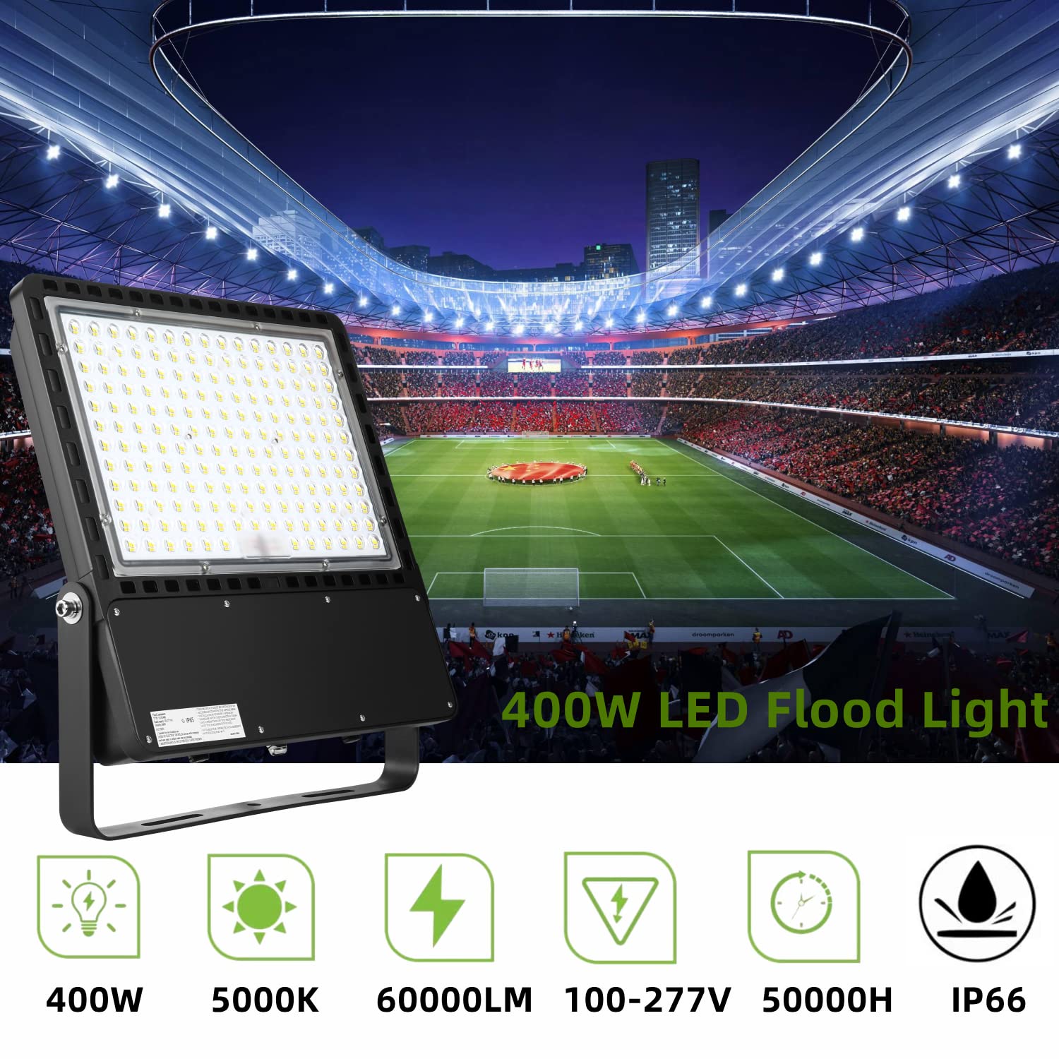400W LED Flood Light Fixture - High Power Outdoor LED Stadium Light (60,000LM, 150LM/W, 5000K Daylight) - 100-277V IP66 Waterproof - Perfect for Parking Lots, Warehouses, Playgrounds & Stadiums - Energy Efficient Lighting Solution for Commercial & Industrial Areas