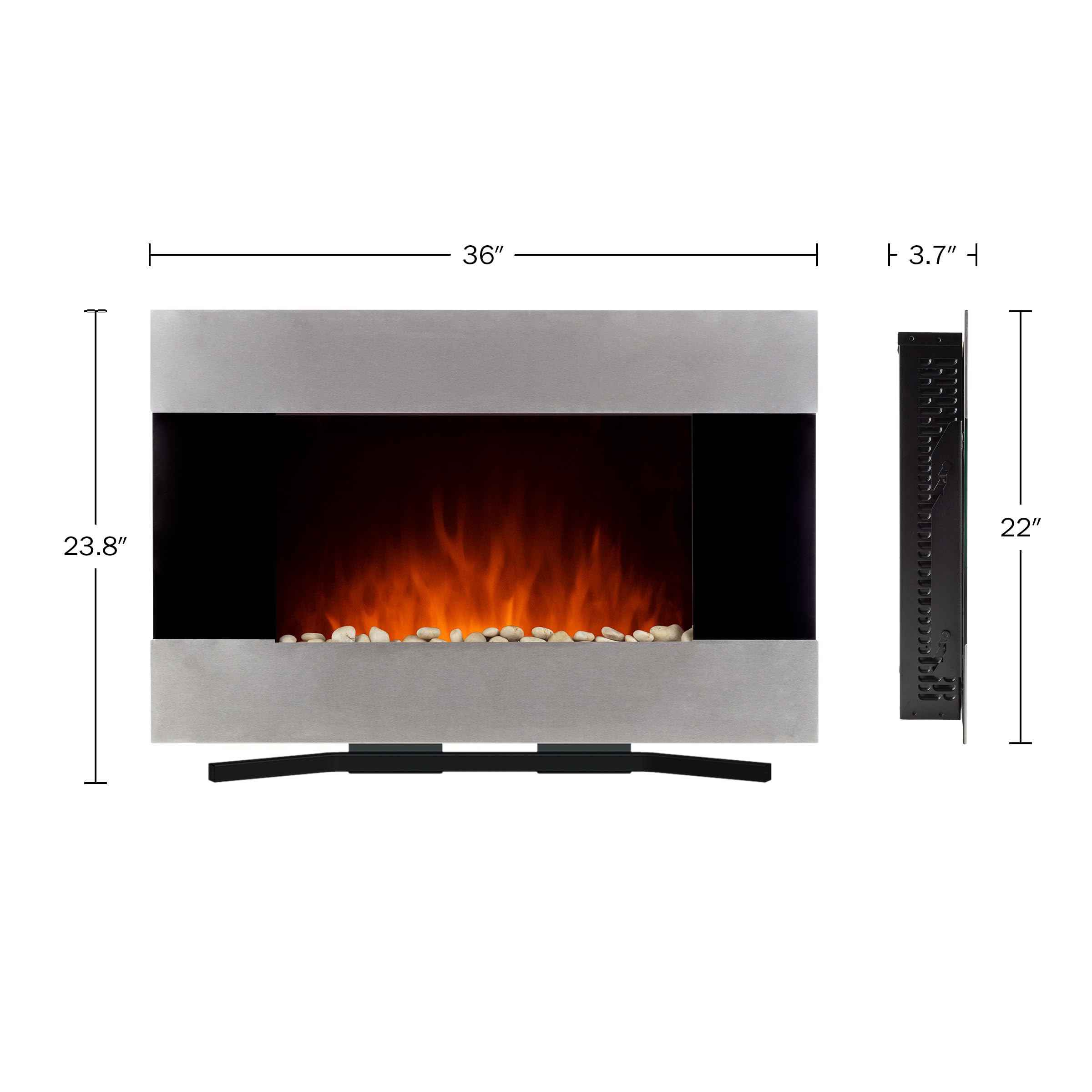 36-Inch Wall Mounted Electric Fireplace - Modern Stainless Steel Fireplace Heater with Remote Control, Adjustable Flame & Temperature, Floor Stand - Perfect for Living Room, Bedroom & Office Decor