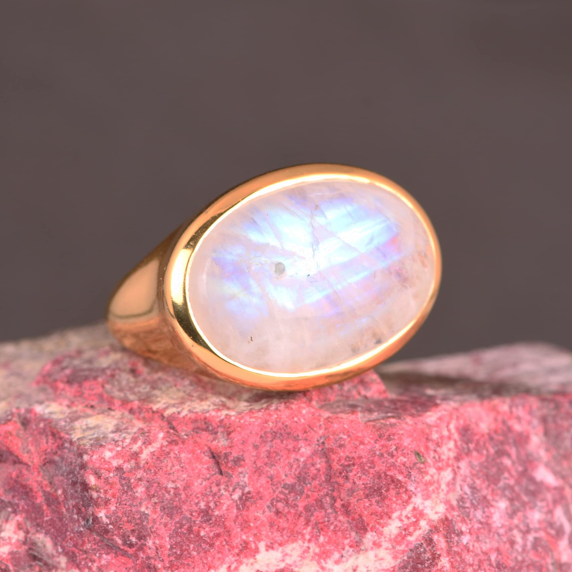 Handmade Rainbow Moonstone & Gold Ring for Women - Elegant Wedding, Engagement, Birthday, Mother's, Bridesmaid, Graduation, Retirement & Teacher Gift - Personalized Jewelry for Mom - Size 8.5 - Perfect for Special Occasions & Everyday Wear