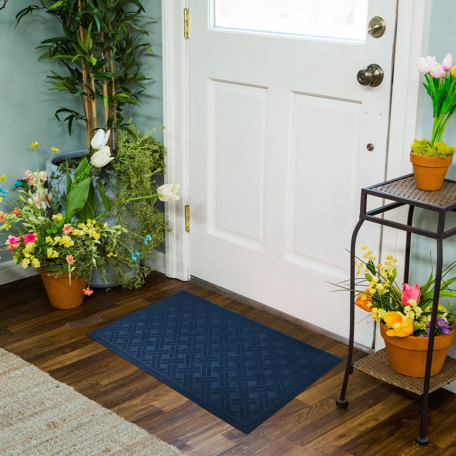 Waterproof Front Door Mat Outdoor - Non-Slip Entrance Rug with Cross Hatch Design for Shoes, Dirt and Mud Trapping - Washable Low Profile Doormat for Patio, Porch & Garage (Dark Blue) - Perfect for High Traffic Areas & All Weather Conditions
