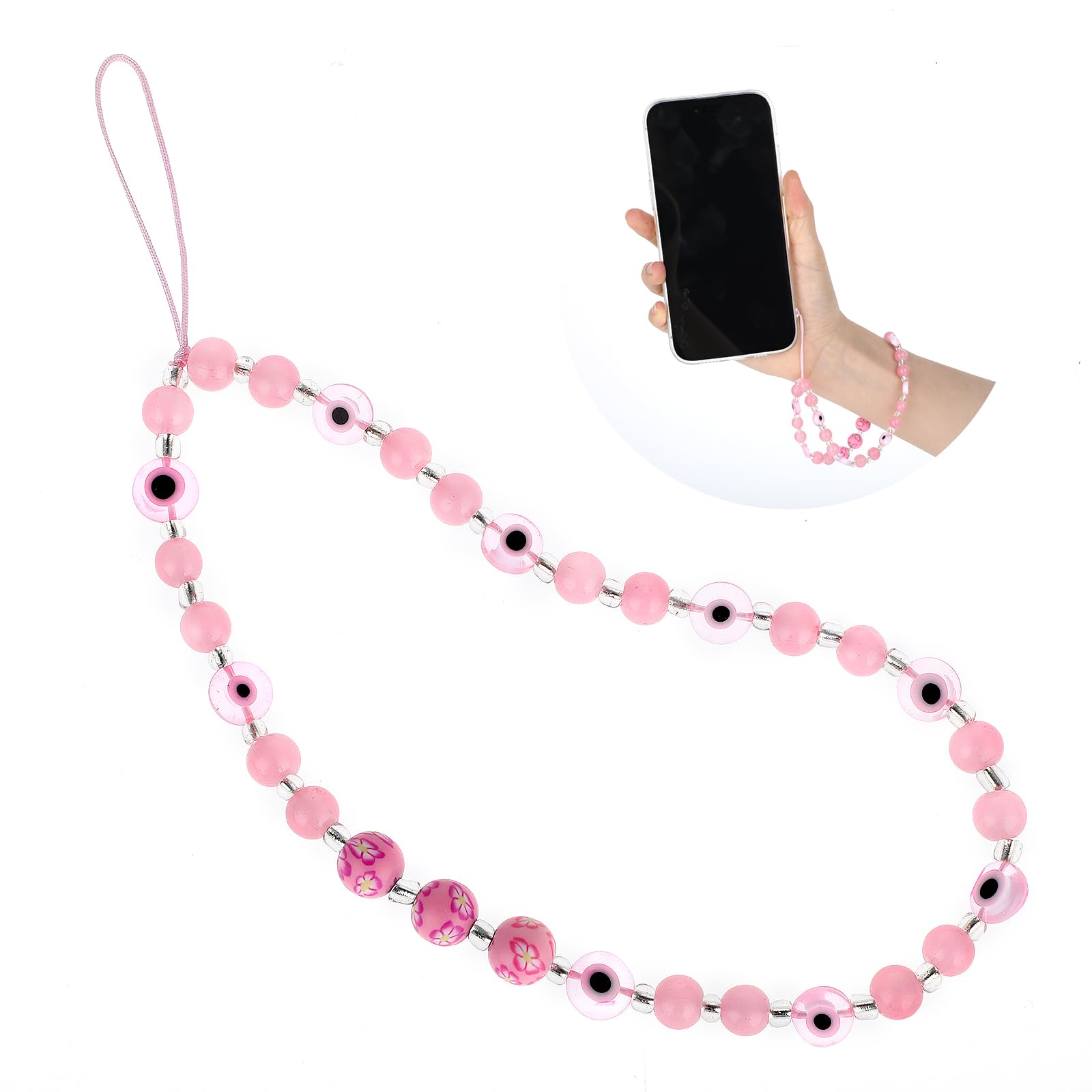 Giantree Evil Eye Phone Lanyard - Beaded Phone Charm Wrist Strap with Gemstone Bracelet, Mobile Phone Chain Keychain for Men & Women (Pink) - Perfect for Smartphone Protection & Fashion Accessory