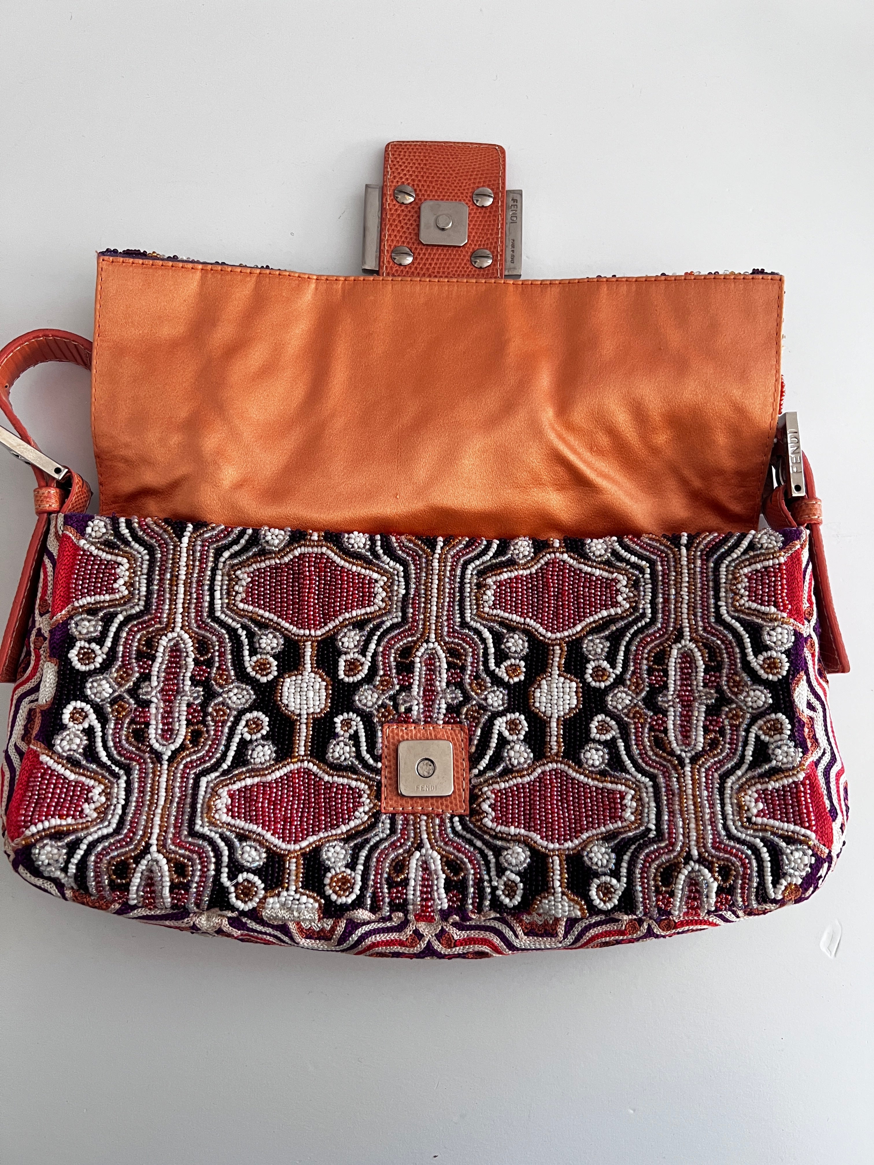 Fendi Orange Beaded Embroidered Baguette Bag - Luxury Designer Crossbody Purse for Women, Evening Parties & Special Occasions