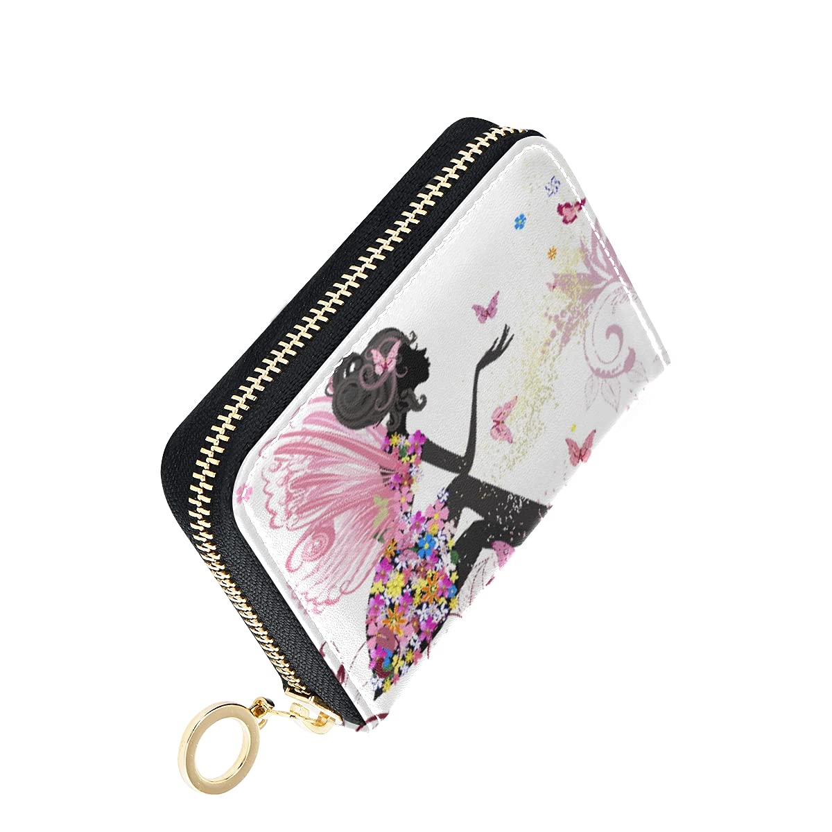 Fairy Elf Butterfly Girl Leather Credit Card Holder - Printed Zipper ID Card Case Wallet for Women & Girls | Perfect for Everyday Use, Travel, and Gift Giving (Style 20312815)