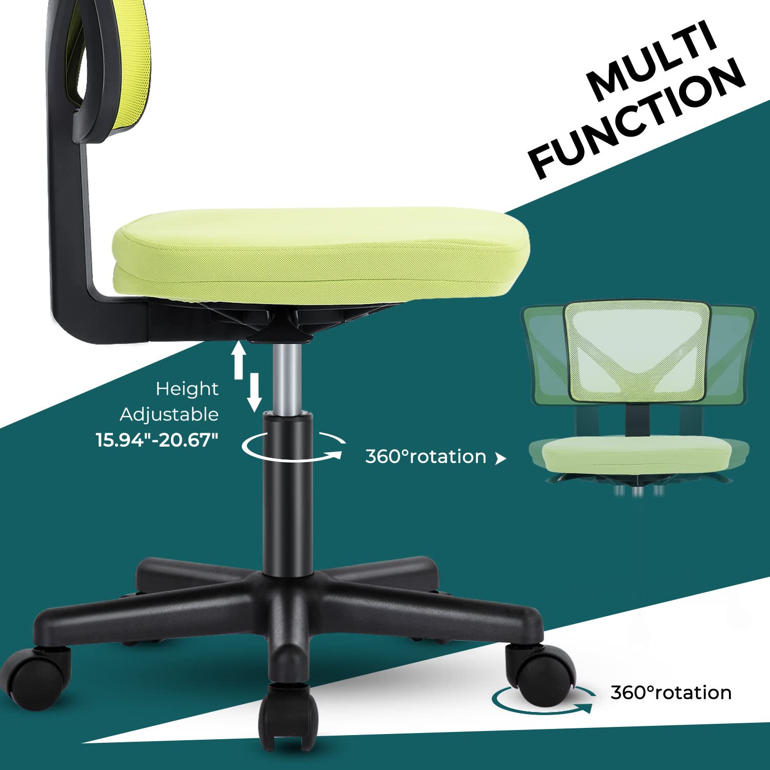Ergonomic Armless Desk Chair with Wheels - Adjustable Swivel Rolling Task Chair for Home Office, Mesh Mid Back Computer Work Vanity Seat - Compact Design for Small Spaces (Green) - Perfect for Home Office, Gaming & Study Rooms