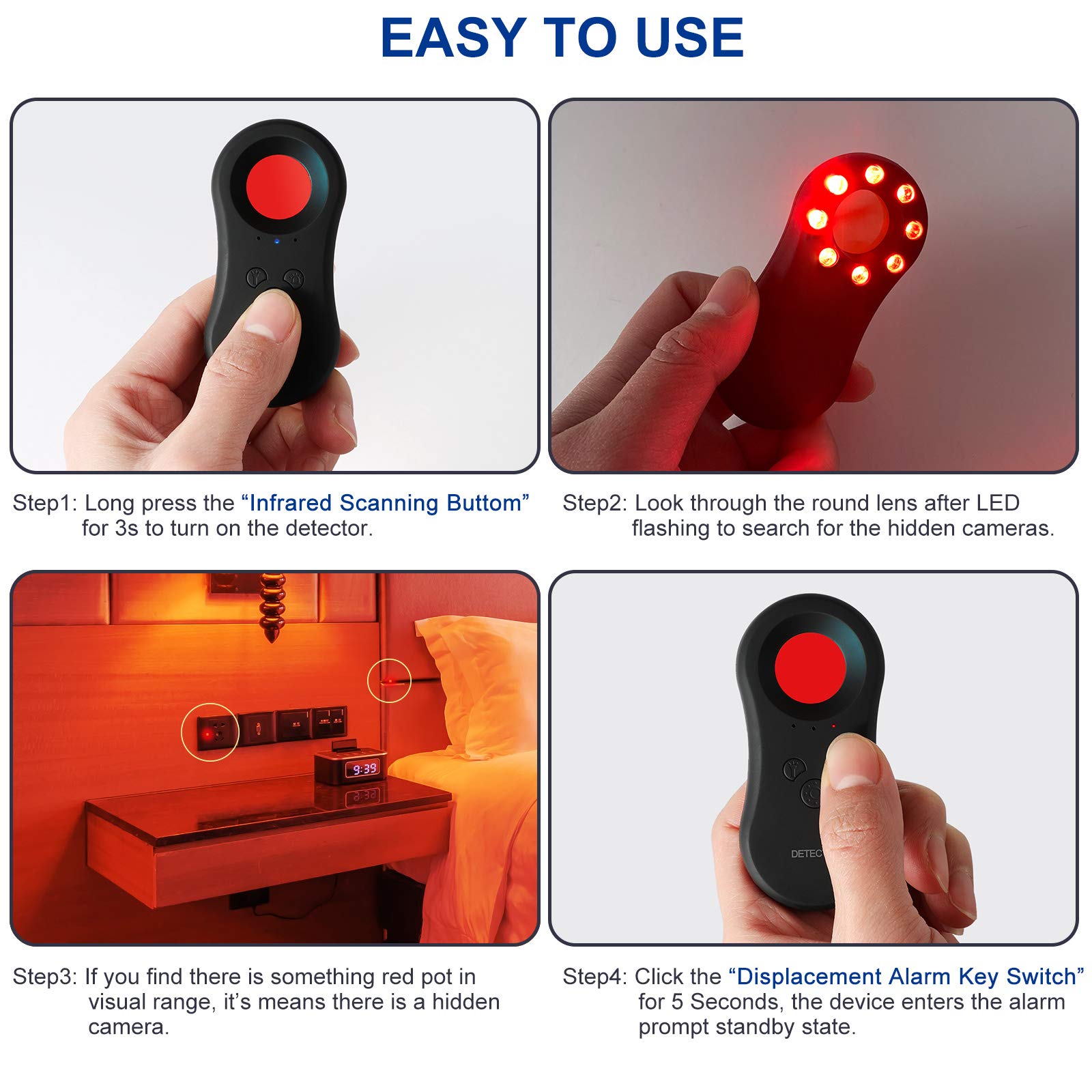 Portable Anti-Spy Hidden Camera Detector with LED Flashlight | 3-in-1 Bug Detector, Pinhole Camera Finder & Personal Alarm | Ideal for Home Security, Office Privacy & Travel Safety