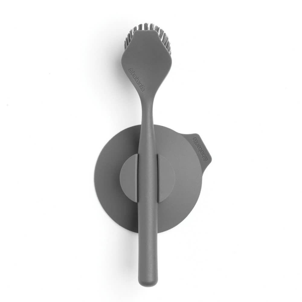 Dark Grey Dish Brush with Suction Cup Holder - Perfect for Kitchen Sink Cleaning and Dishwashing