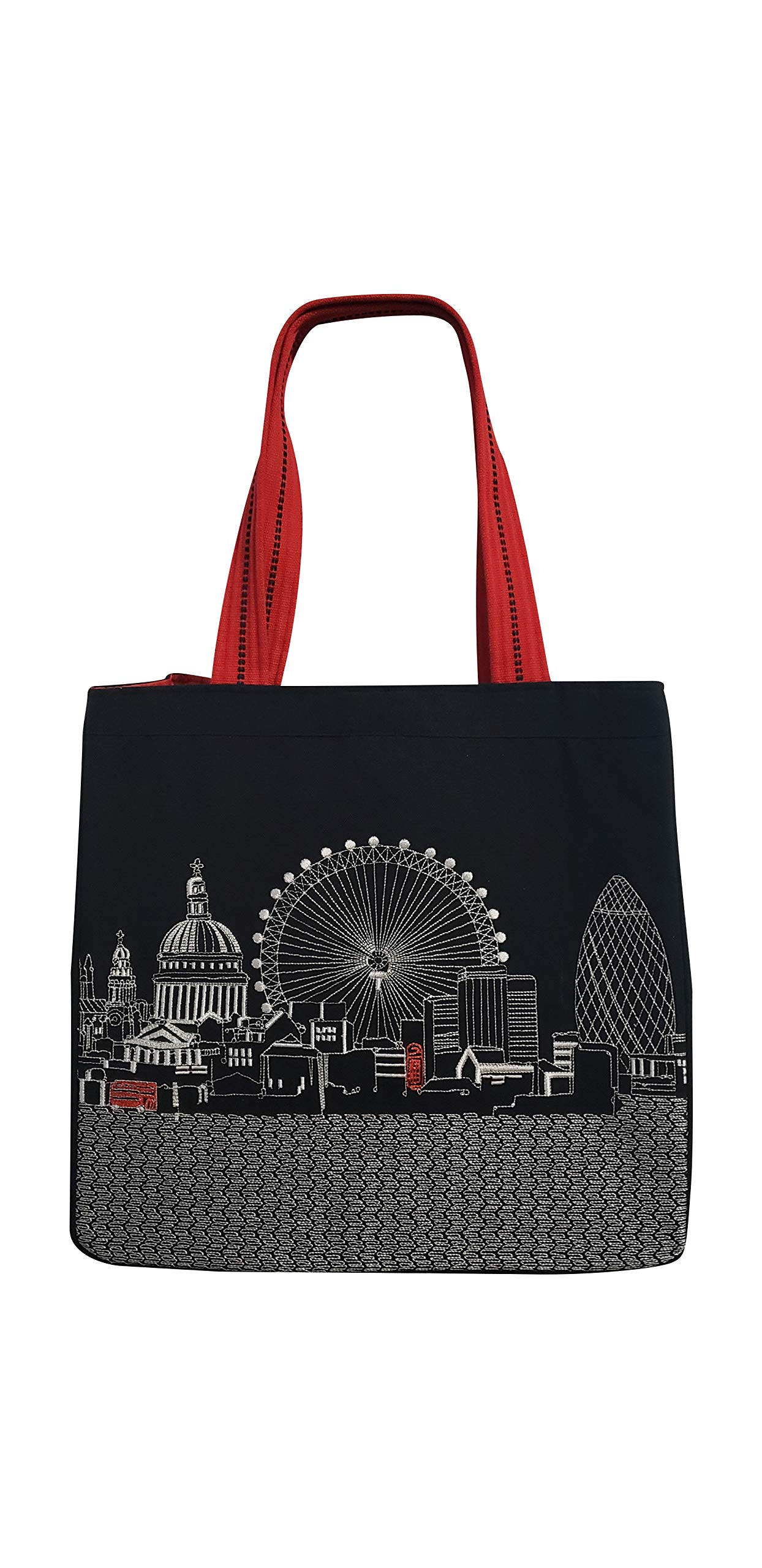 Beyond Cushions London England Skyline Embroidered Cotton Canvas Tote Bag - Stylish Reusable Shopping Bag for Travel, Beach & Daily Use