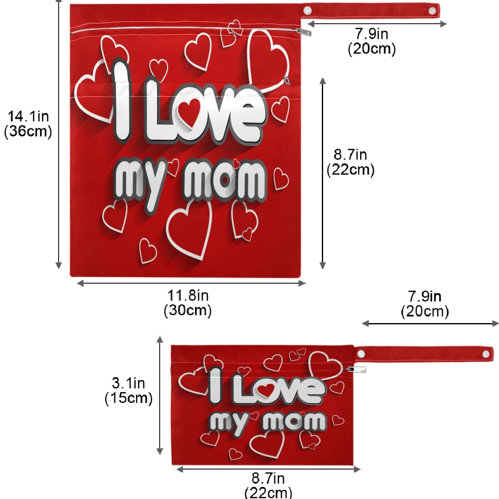 Visesunny I Love You Mom 2-Pack Waterproof Wet Bags with Zipper Pockets - Reusable & Washable Travel Organizer for Diapers, Swimsuits, Gym Clothes & Toiletries - Perfect for Beach, Pool, Daycare, Stroller & Sports Activities