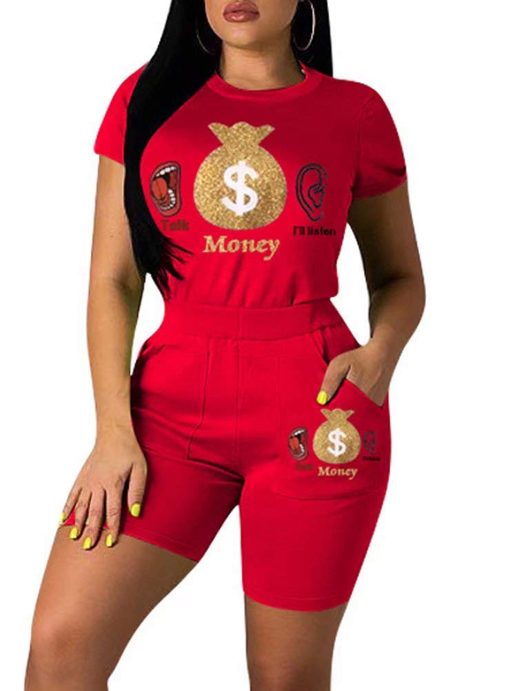 RAMOUG Women's 2 Piece Outfit - Lips Letter Print T-Shirt & Shorts Set, Casual Tracksuit for Summer, Gym, Lounge Wear, Street Fashion Outfits