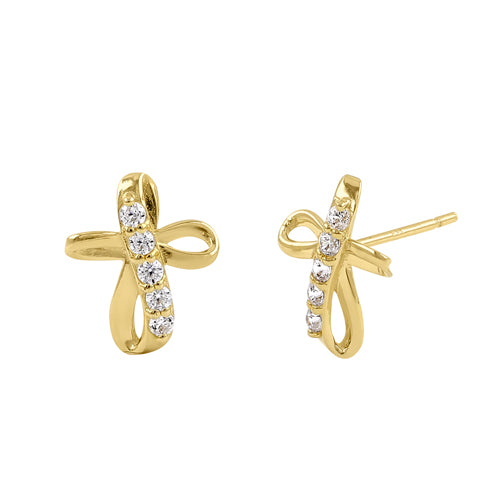14K Yellow Gold Twisted Cross CZ Stud Earrings for Women - Hypoallergenic Cubic Zirconia Jewelry - Perfect for Church, Weddings & Everyday Wear