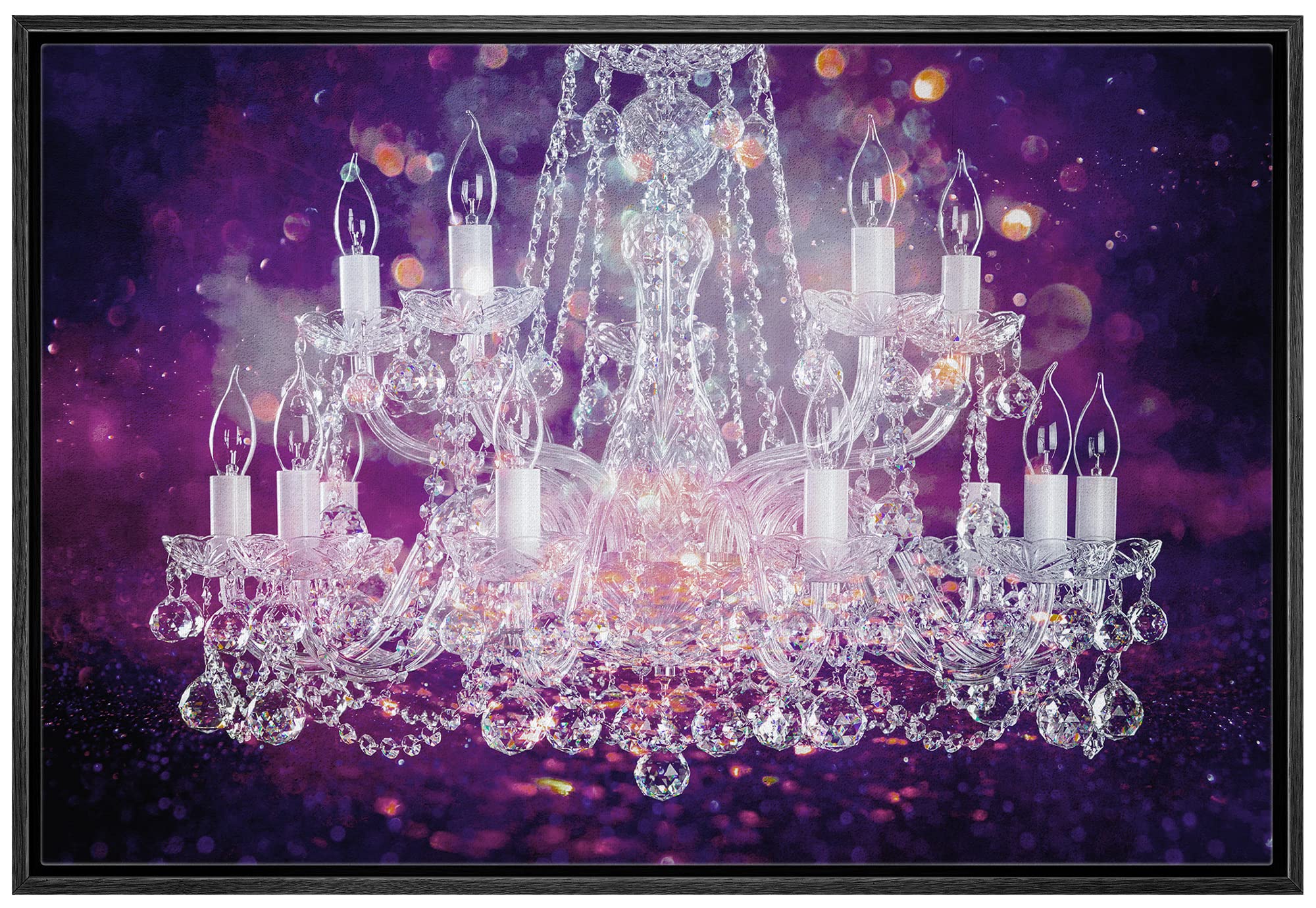 Purple Glitter White Crystal Chandelier Framed Canvas Wall Art - 16x24 Inch Contemporary Home Decor for Living Room, Bedroom & Office - Elegant Digital Print Creates Relaxing & Calming Atmosphere
