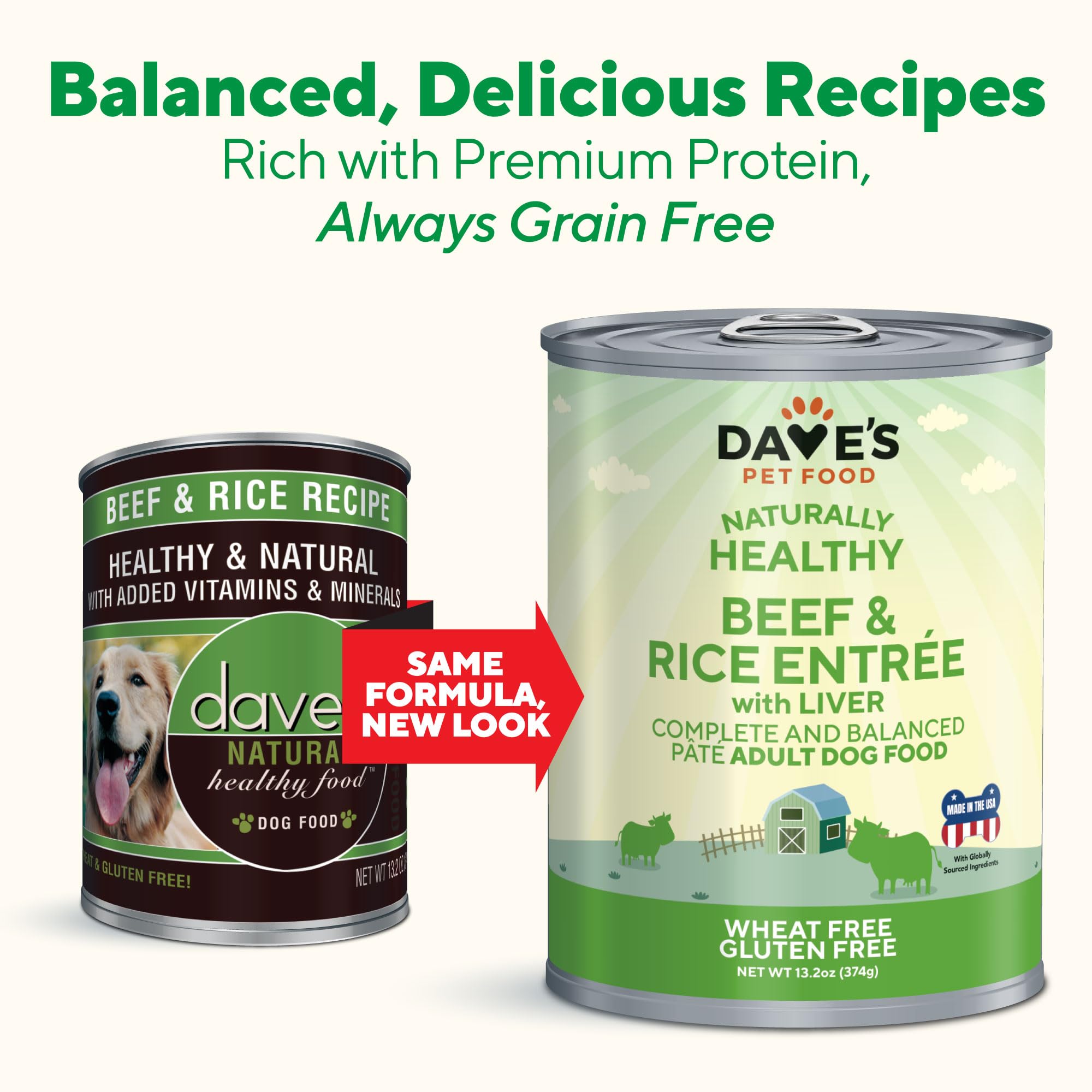 Dave's Pet Food Wet Dog Food - Beef & Rice Recipe, Made in USA, All-Natural, Gluten-Free Canned Dog Food Topper, 13.2 oz (12 Pack) - Perfect for Picky Eaters & Senior Dogs with Sensitive Stomachs
