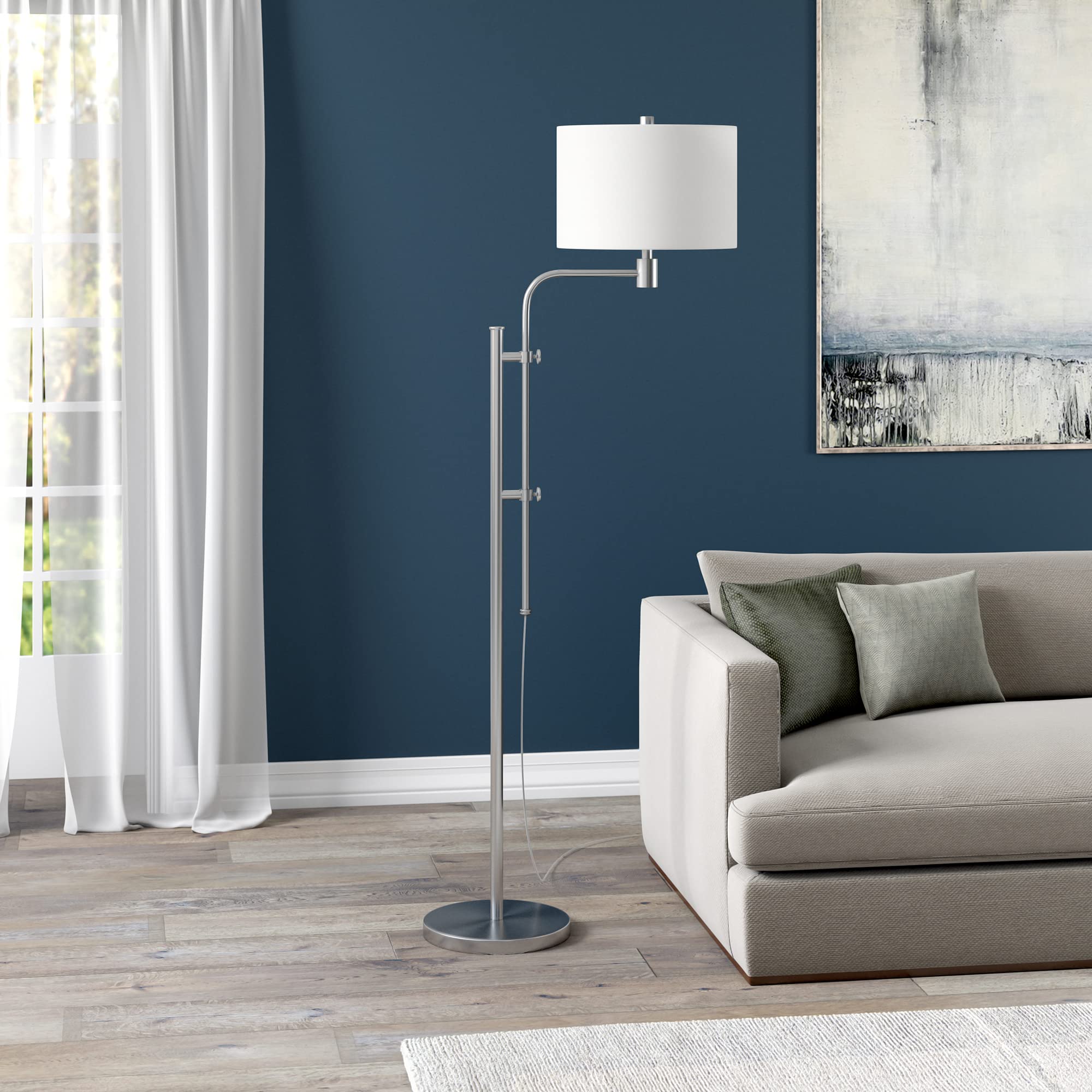 Henn&Hart Adjustable Floor Lamp with Fabric Shade - Brushed Nickel Finish for Living Room, Bedroom, Office | Modern Lighting for Reading, Working & Relaxing