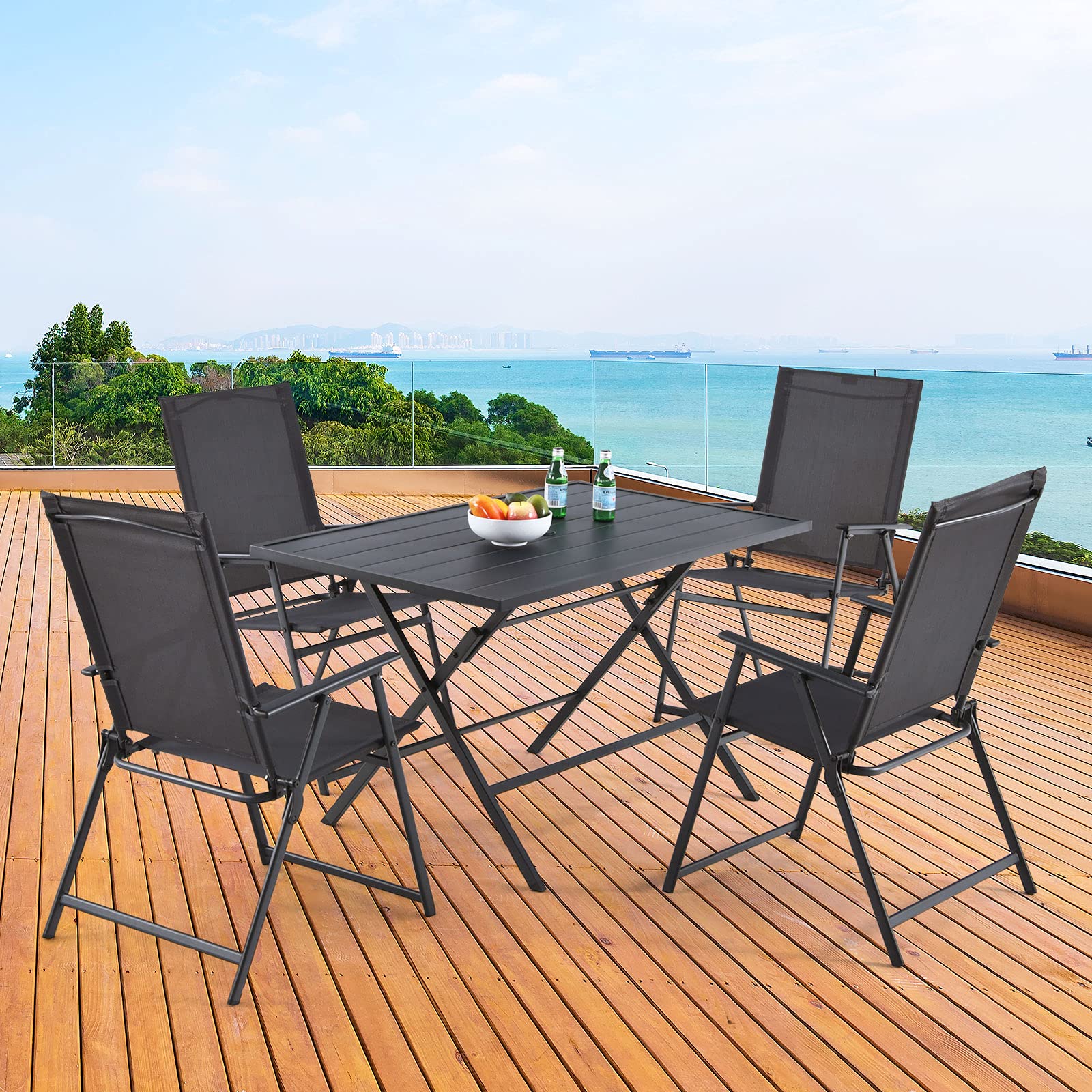 Tangkula 5-Piece Patio Dining Set - No Assembly Required Outdoor Furniture with 4 Armchairs & 1 Table, Folding Chair Set with 1.5