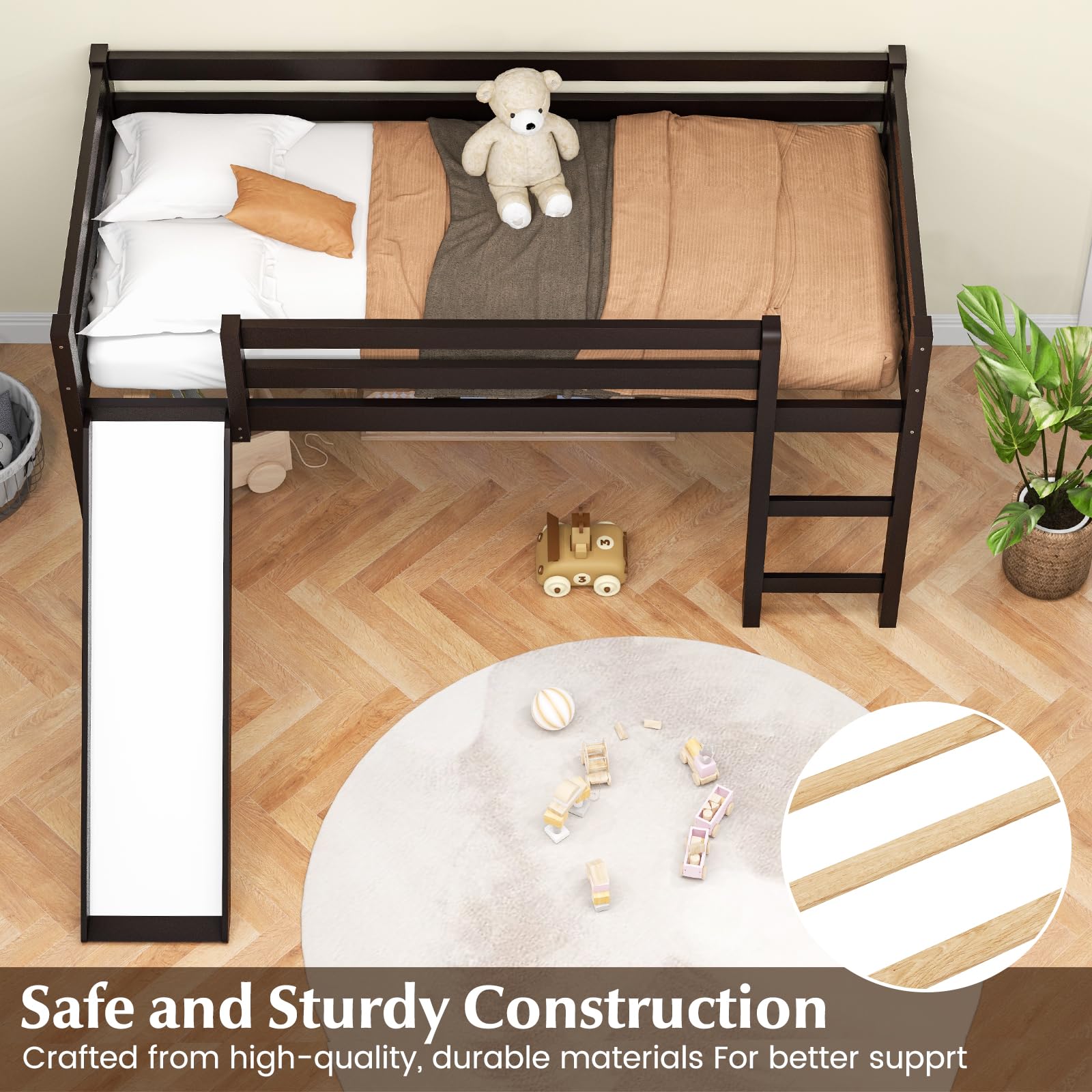NAFOR Twin Loft Bed with Slide & Stairs - Solid Wood Low Loft Bed Frame for Kids, Girls & Boys - Includes Climbing Ladder, Safety Guard Rails & Slat Support - Espresso Finish - Perfect for Small Bedrooms, Playrooms & Dorm Rooms