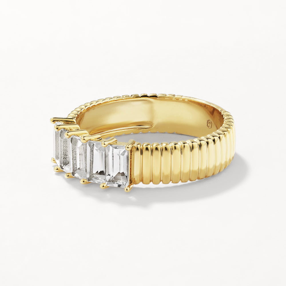 14K Gold White Topaz Baguette Textured Ring for Women - Elegant Stackable Jewelry for Everyday Wear & Special Occasions