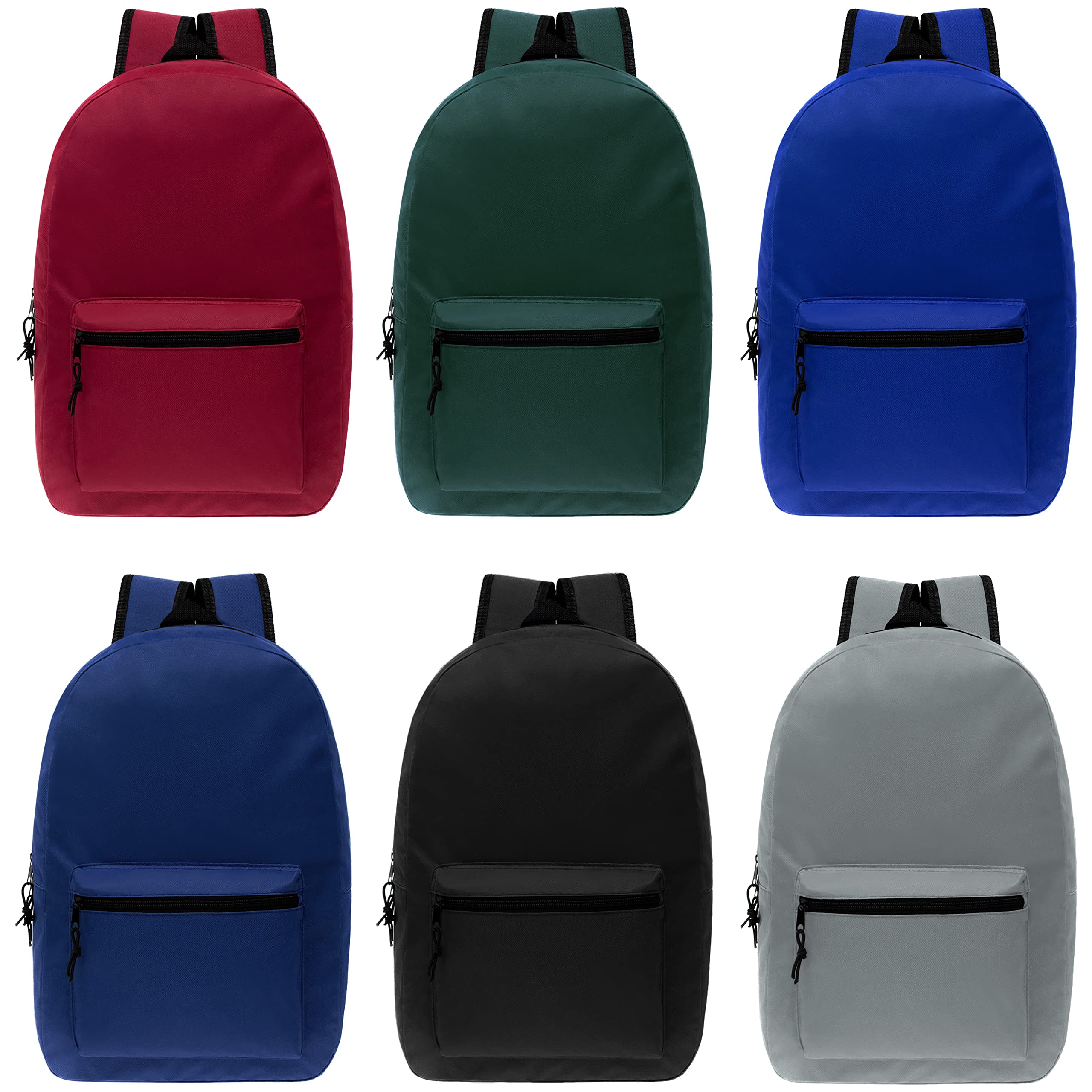 15 Inch Bulk Backpacks - 6 Colors with 22-Piece School Supply Kit (Pens, Pencils, Crayons) - Case of 12 - Perfect for Back to School, Classroom Supplies & Student Gifts