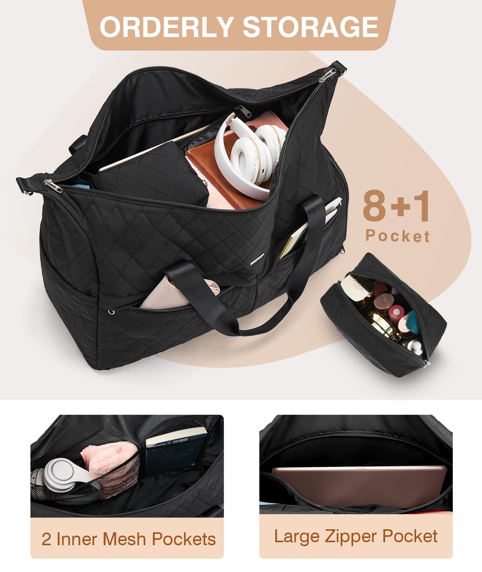Marvolia Quilted Duffle Bag for Women - Large Travel Weekender Overnight Bag with Shoe Compartment & Toiletry Pouch | Perfect Carry-On for Business Trips, Gym, Sports & Weekend Getaways - Black