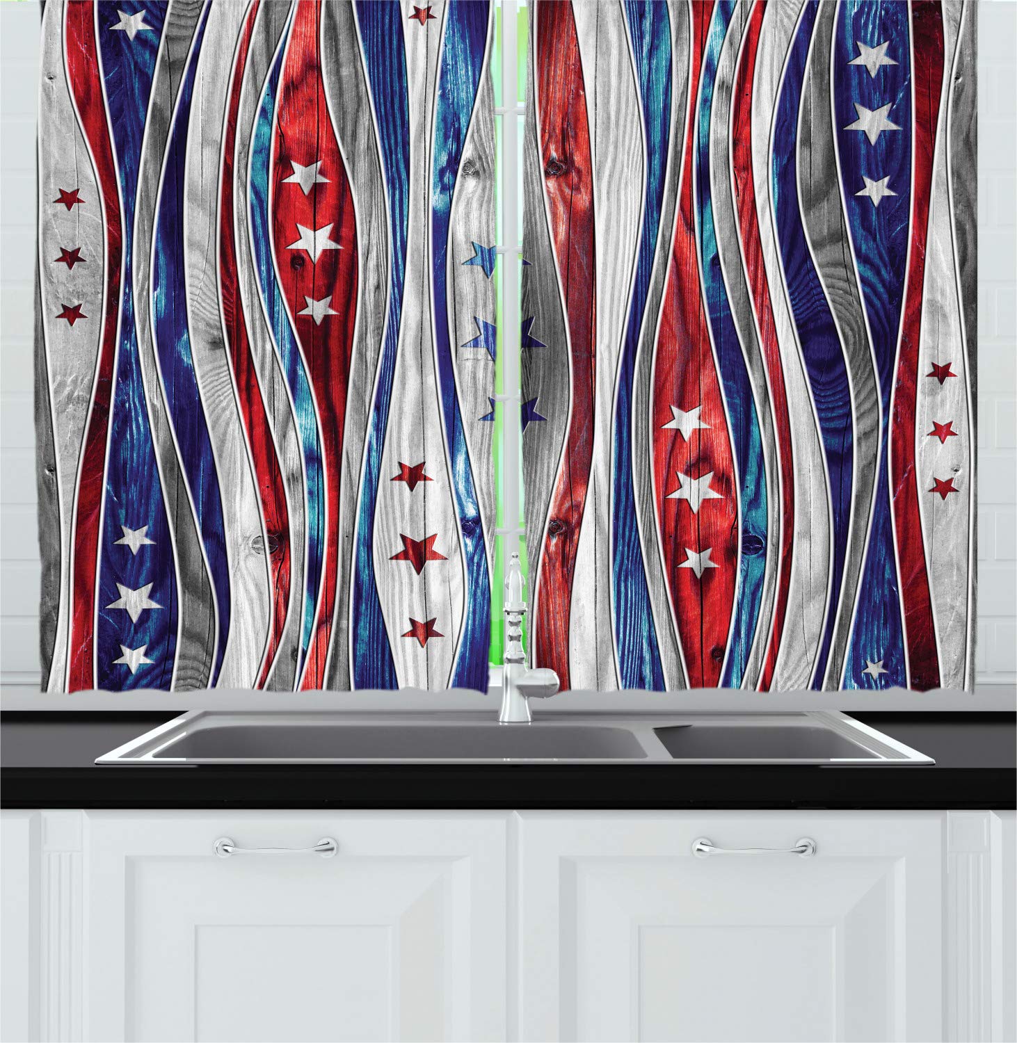 American Flag Kitchen Curtains Set of 2 - Rustic Wood Stripes & Ornate Star Design, 55