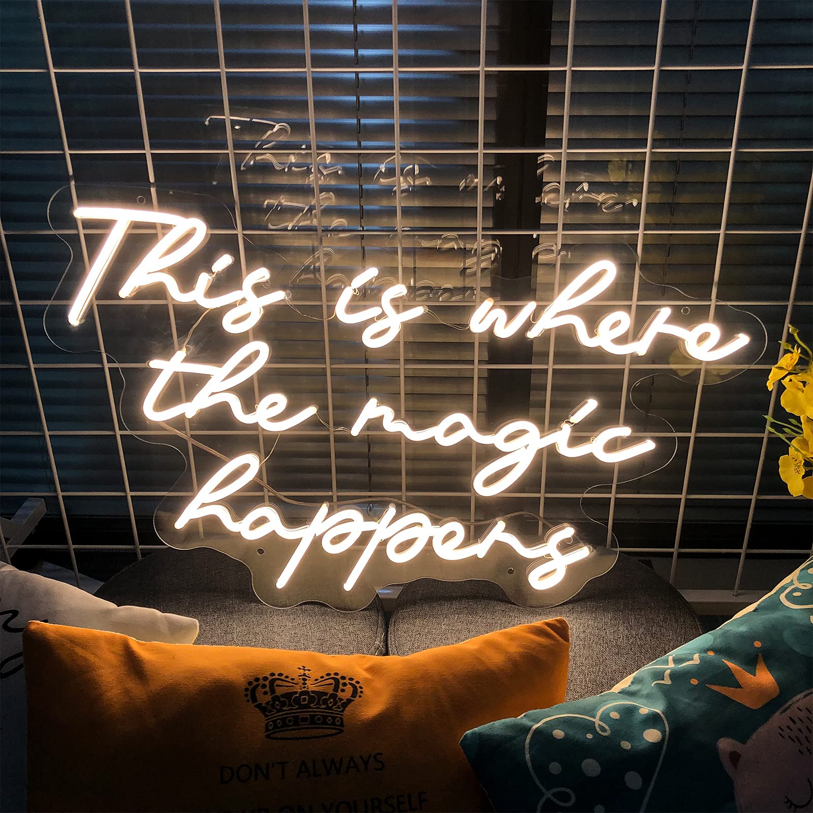 Custom LED Neon Sign 'This is Where The Magic Happens' - 29 Inch Warm White Wall Decor for Bedroom, Bar & Home - Perfect for Birthday, Wedding, Christmas Gifts & Party Decorations | Durable & Energy-Efficient Lighting for Romantic Ambiance, Special Events & Home Decoration
