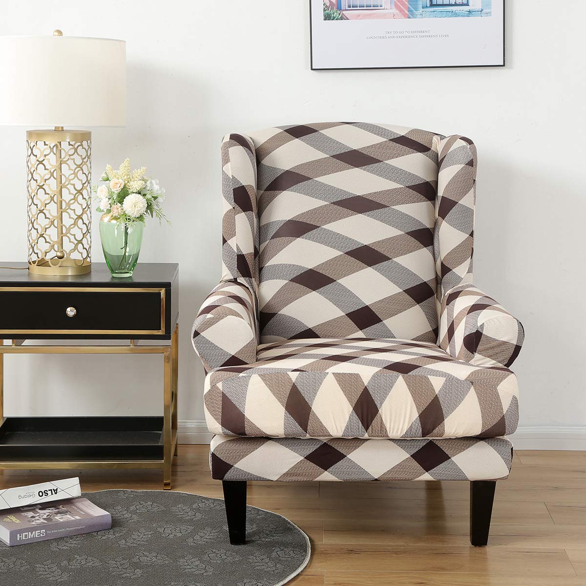 Stretch Wingback Chair Slipcovers 2-Piece Set - Washable Spandex Sofa Covers with Armrests, Furniture Protector for Living Room (Printed-05) - Perfect for Home Decor, Accent Chairs & Pet Protection