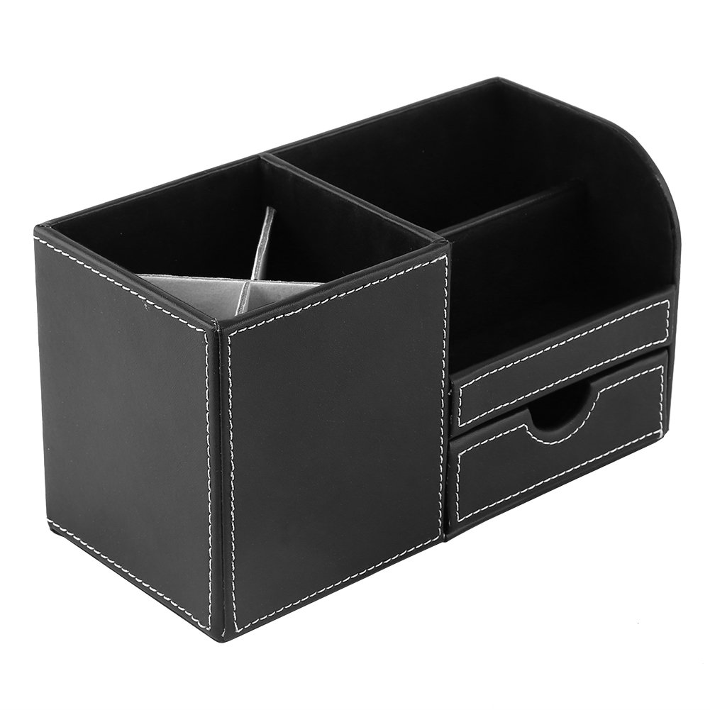 Premium Wooden Leather Desktop Storage Box with Drawer - Multifunctional Desk Organizer for Pens, Pencils, Cards & Remote Controls - Stylish Office & Home Workspace Accessory (Black) - Perfect for Office, Study & Craft Room Organization