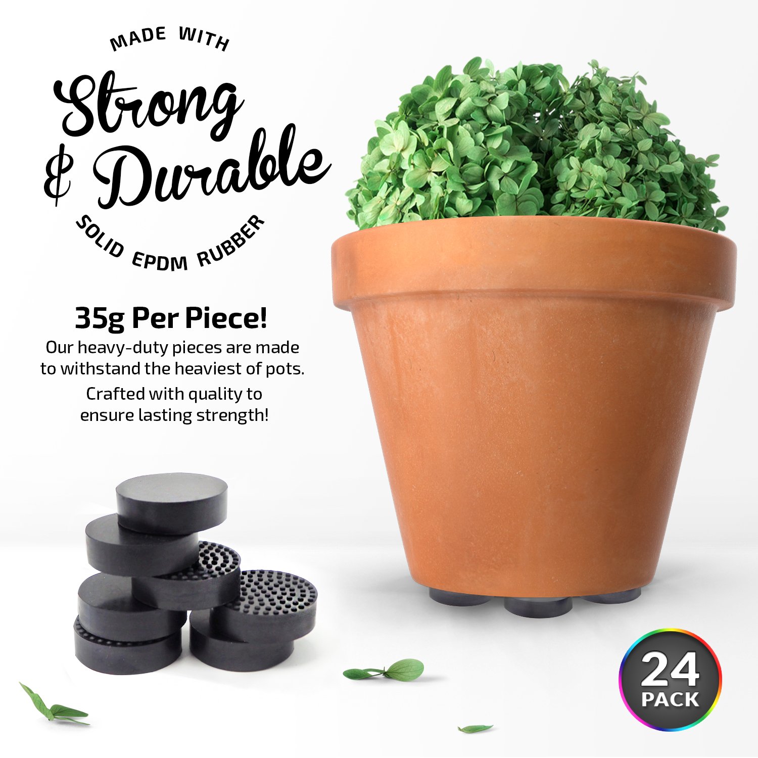 24 Pack Invisible Pot Feet for Outdoor Planters & Flower Pots - Solid Rubber Pot Risers with Non-Slip Grip + 24 Self-Adhesive Pads | Pebble Black | Perfect for Patio, Deck & Garden Drainage