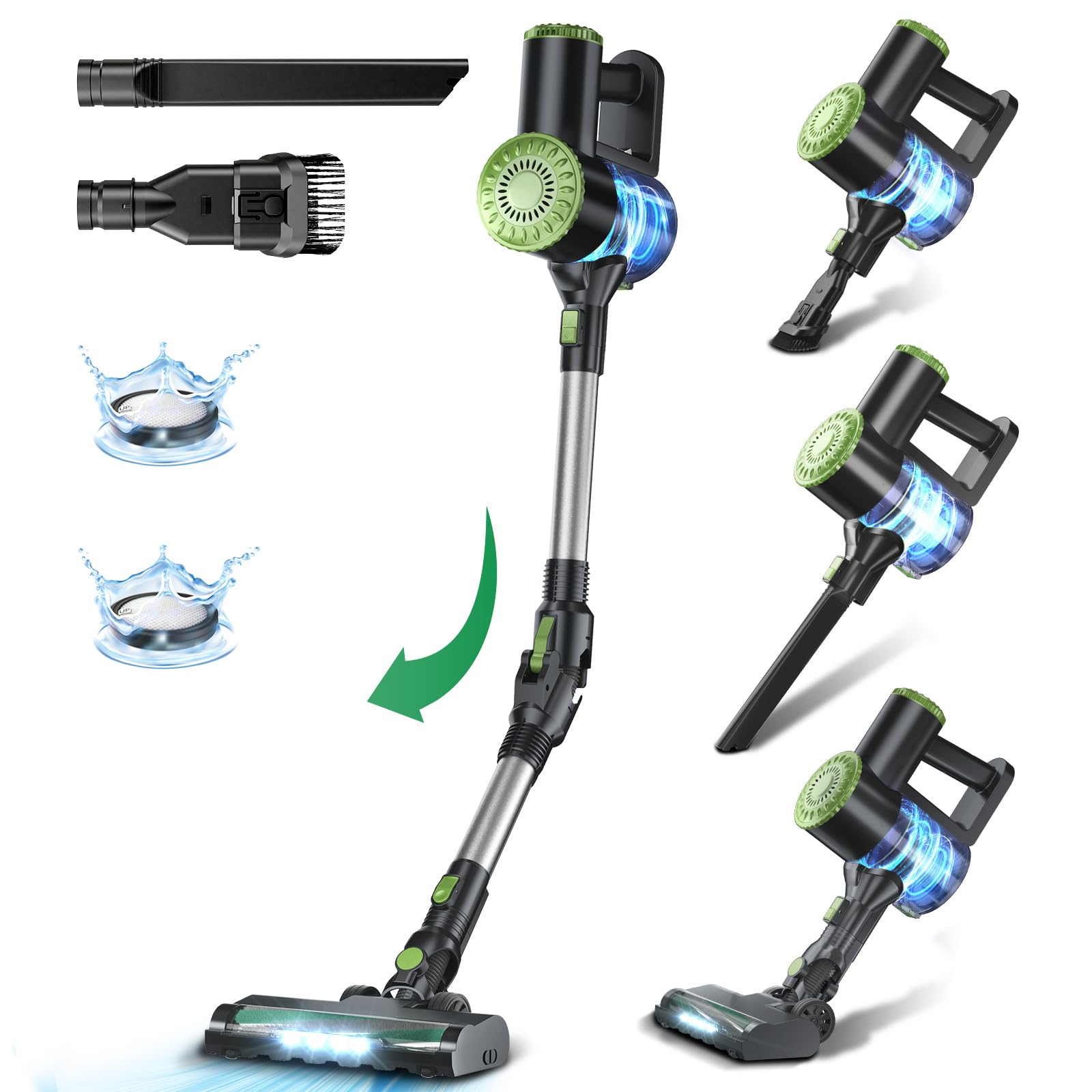 6-in-1 Cordless Stick Vacuum Cleaner with Powerful Suction - Lightweight, Self-Standing, 180° Bendable Wand for Hardwood Floors & Carpets - Rechargeable Green Vacuum for Home Cleaning & Pet Hair Removal