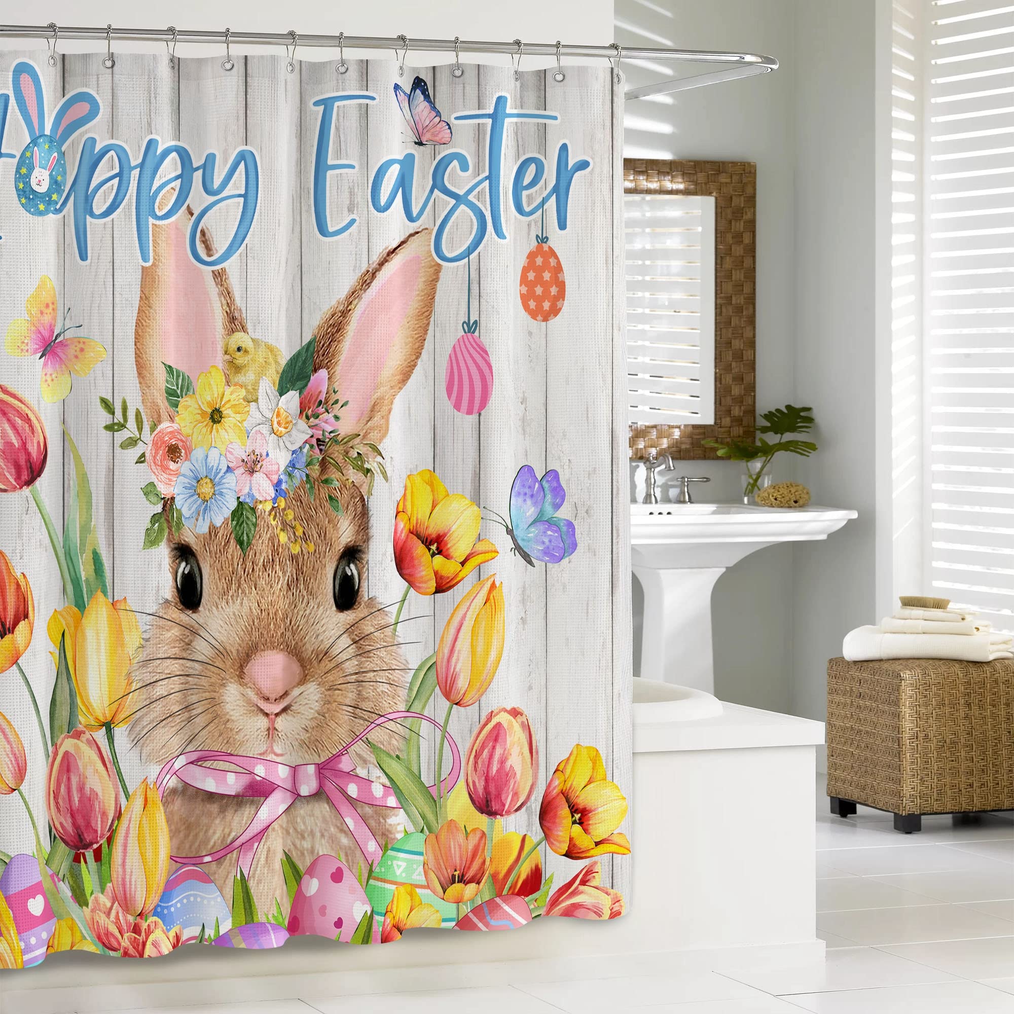Easter Shower Curtain - Waterproof Bunny & Eggs Design Bathroom Decor - 71x71 Inch Spring Holiday Fabric Shower Curtain with Hooks - Perfect for Easter Home Decor & Seasonal Bathroom Upgrades