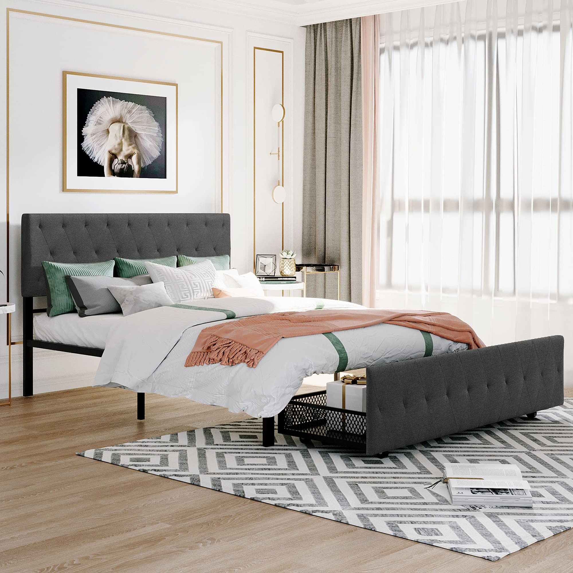 Queen Size Platform Bed with Storage Drawers & Upholstered Headboard - Metal Frame Bed for Bedroom, Guest Room & Small Spaces | Easy Assembly & Modern Design