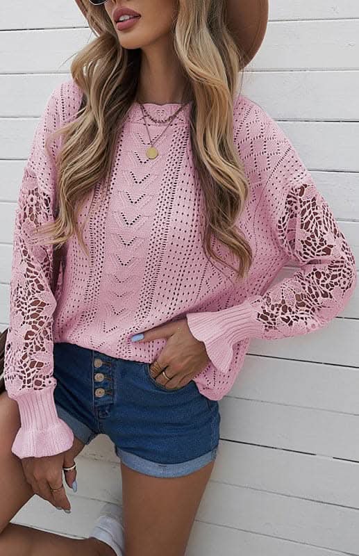 Elegant Cutout Petal Sleeve Sweater for Women - Trendy Knit Pullover for Fall & Winter - Perfect for Office, Date Night & Casual Outings